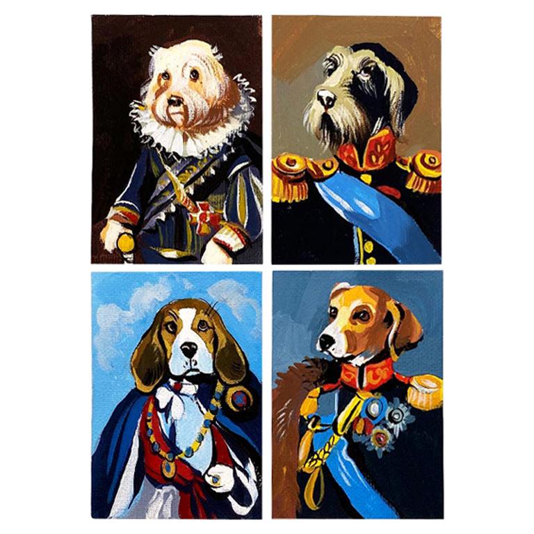 Collezione di ritratti surrealisti di cani in abiti d'epoca, set di 4 dipinti