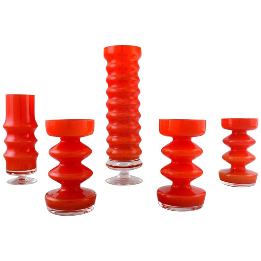 Collection of Swedish Art Glass, Five Orange Vases in Modern Design at