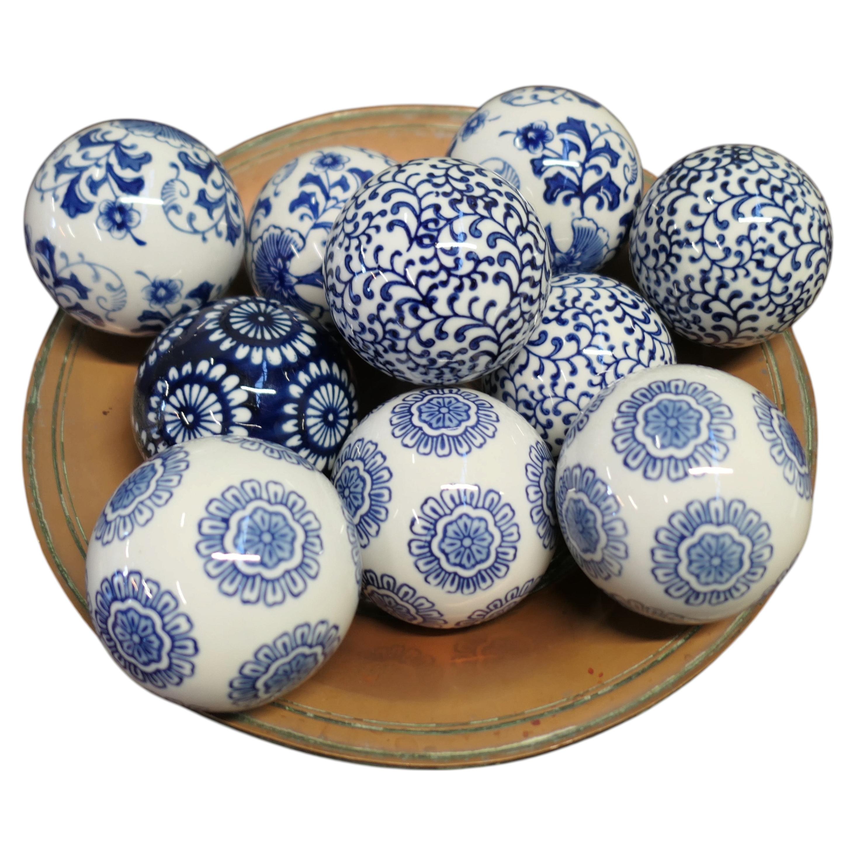 Collection of Ten Blue and White Decorative Ceramic Balls For Sale