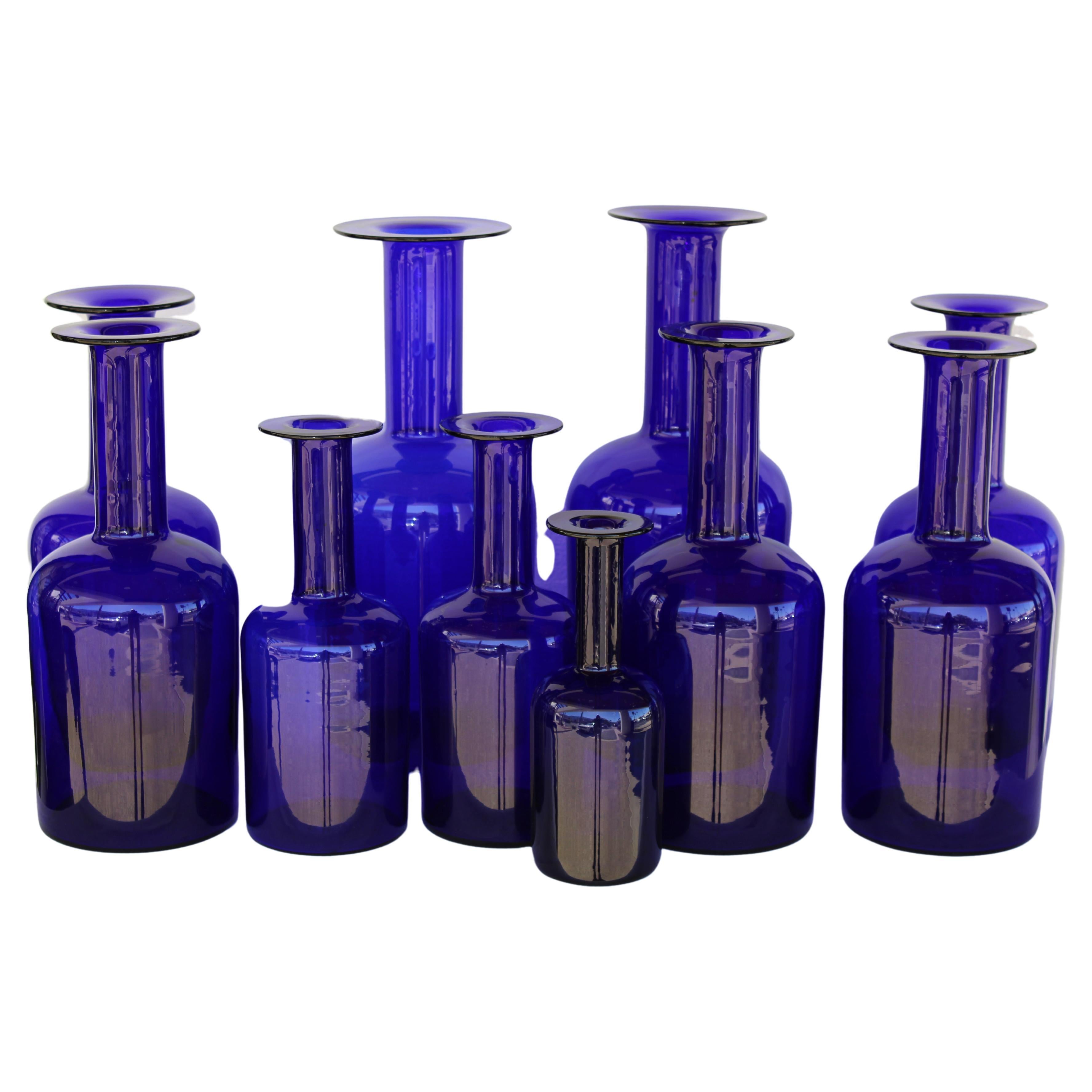Collection of Ten Blue Bottles by Otto Bauer for Holmegaard, Denmark