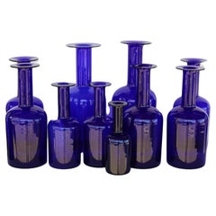 Retro Collection of Ten Blue Bottles by Otto Bauer for Holmegaard, Denmark