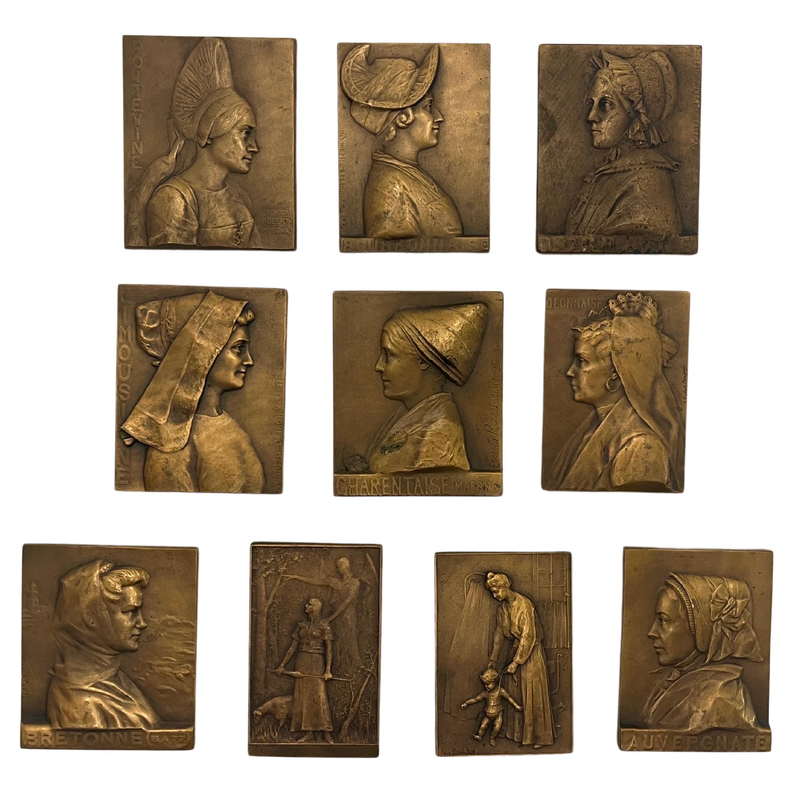 Collection Of Ten French Bronze Bas Relief Portrait Landscape Sculpture 