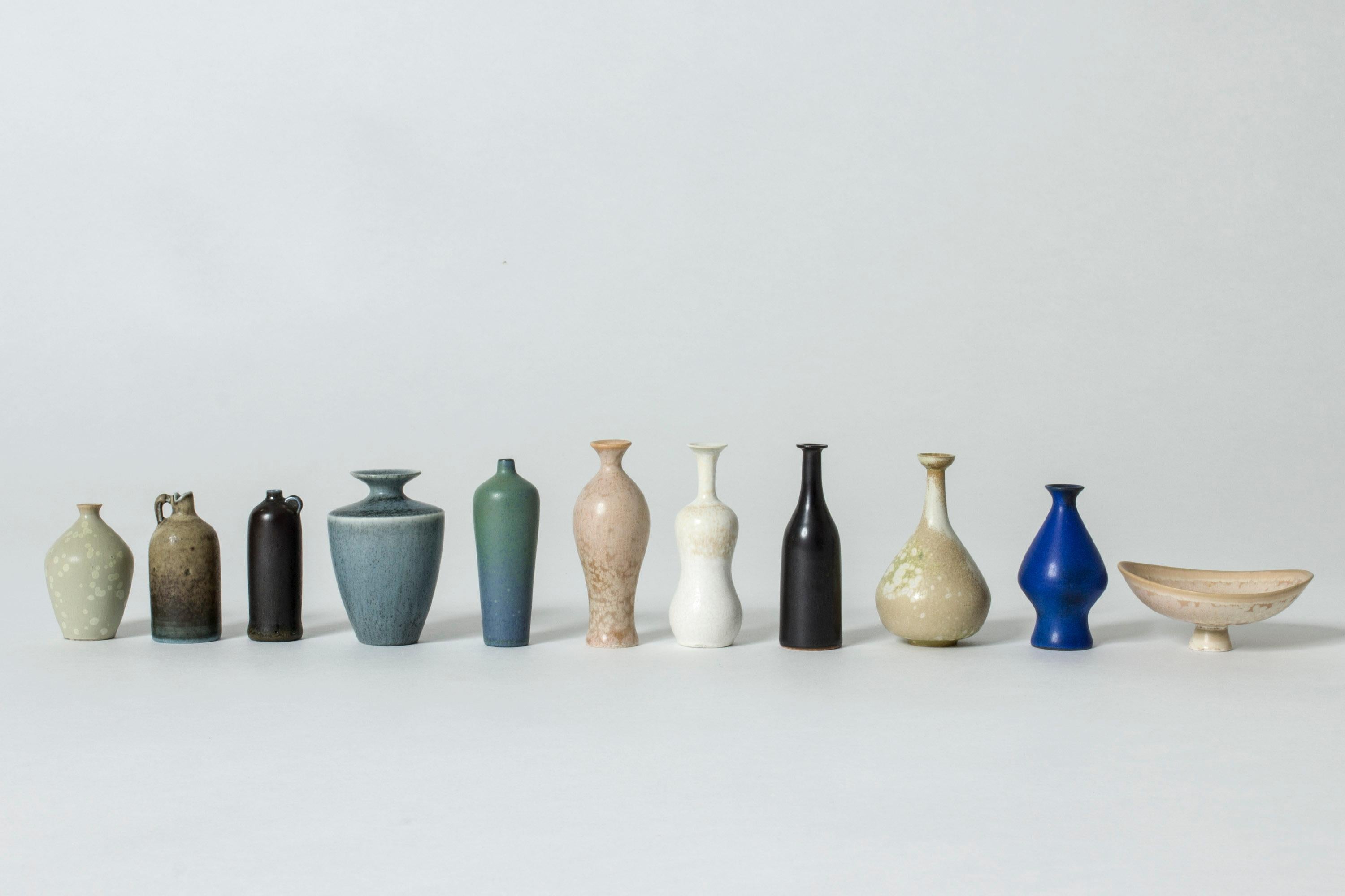 Scandinavian Modern Collection of Ten Miniature Stoneware Vases and One Bowl by Gunnar Nylund
