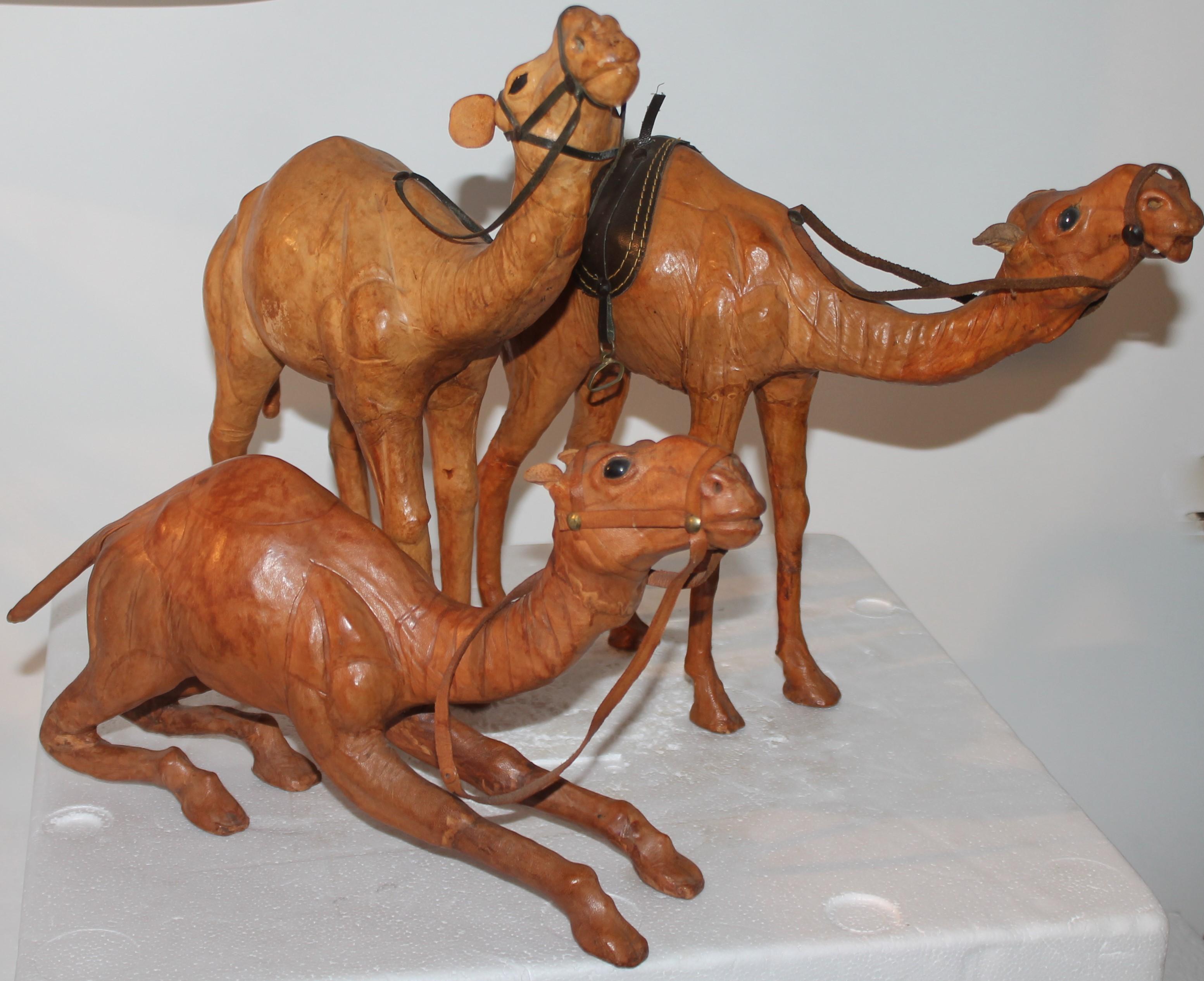 These three hand made leather camels are in fine condition and are sold as a collection of three. They look like the three wise men's camels. All in very good condition.

Measures: 14H x 12W x 2.5 
12H x 15W x 2.5
8H x 13 W x 3.