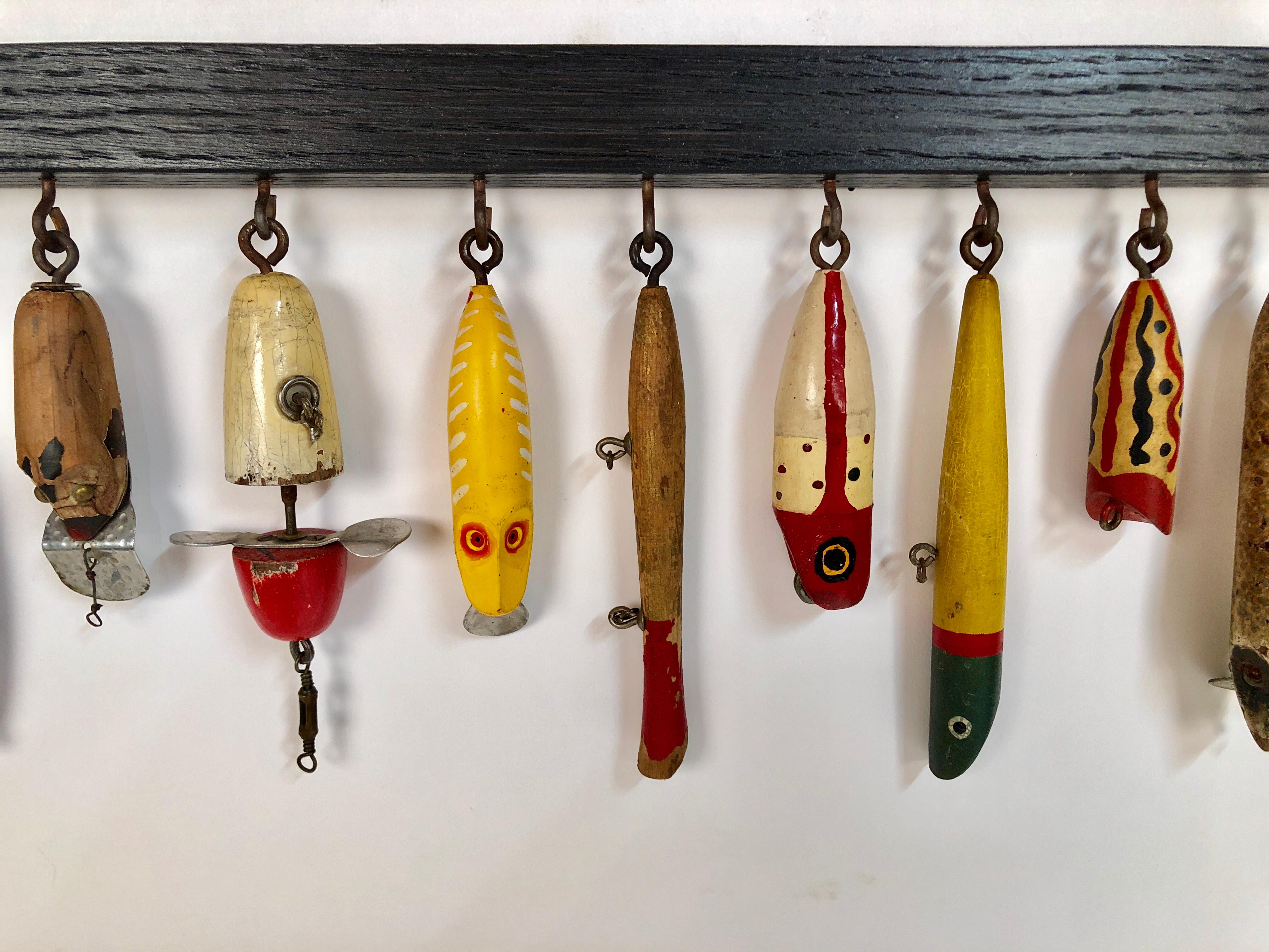Folk Art Collection of Thirty Antique Wooden Fishing Lures Custom Mounted