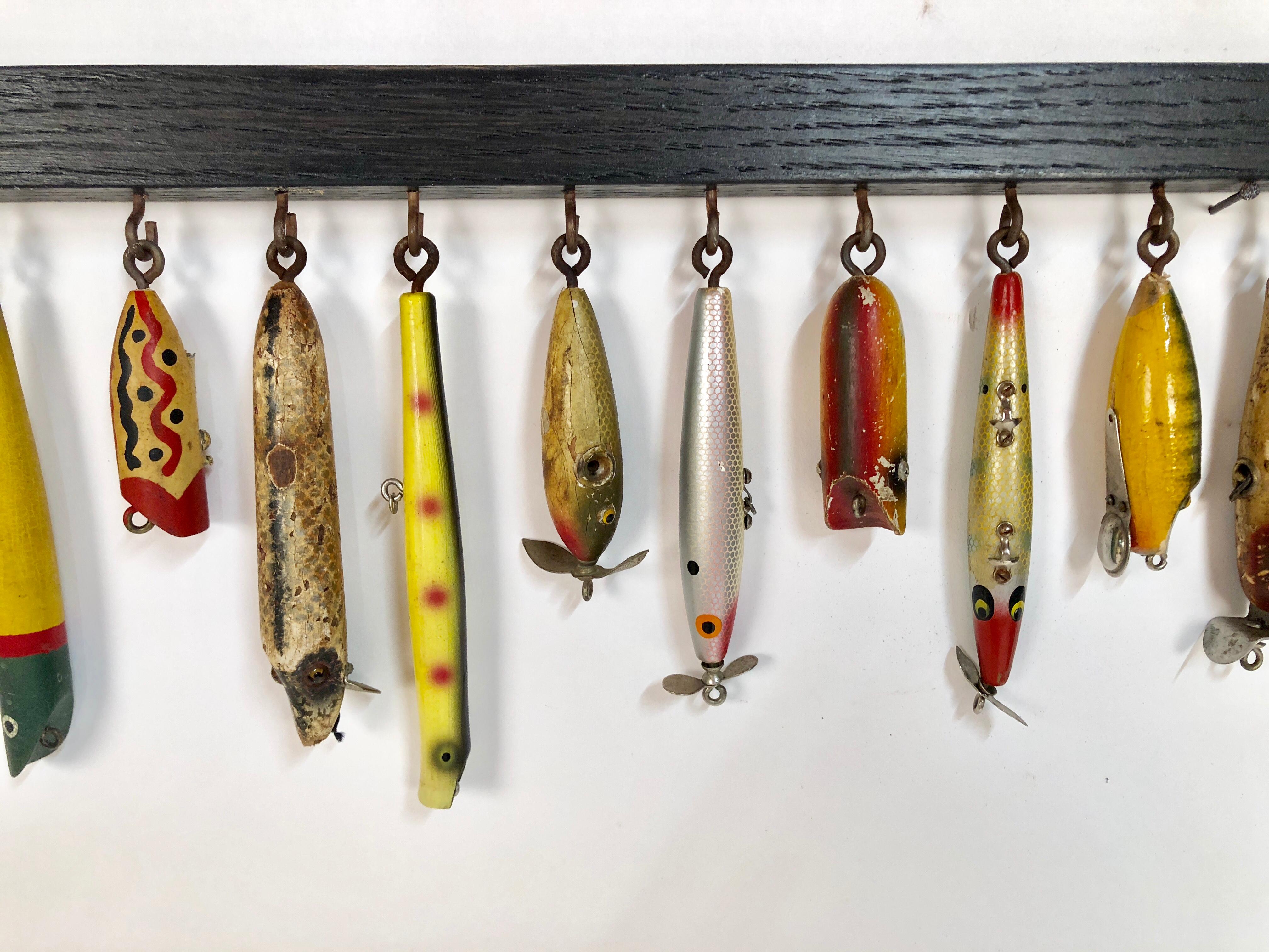 American Collection of Thirty Antique Wooden Fishing Lures Custom Mounted