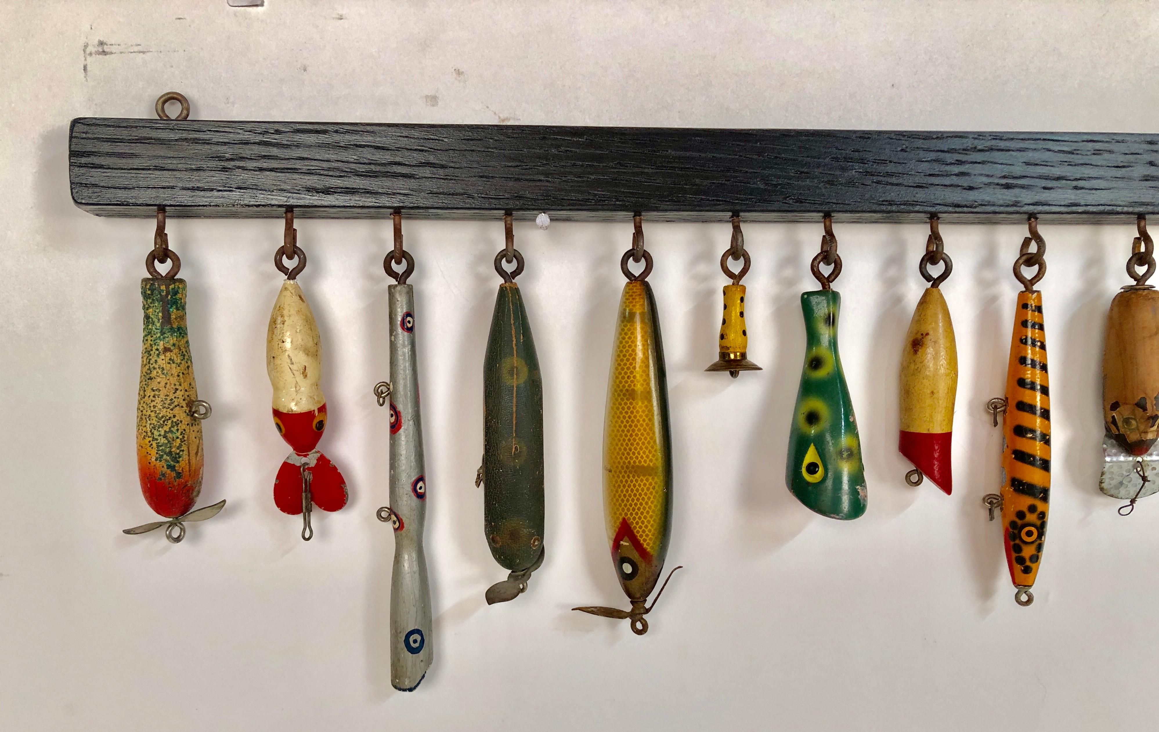 Collection of Thirty Antique Wooden Fishing Lures Custom Mounted In Good Condition In Manhasset, NY