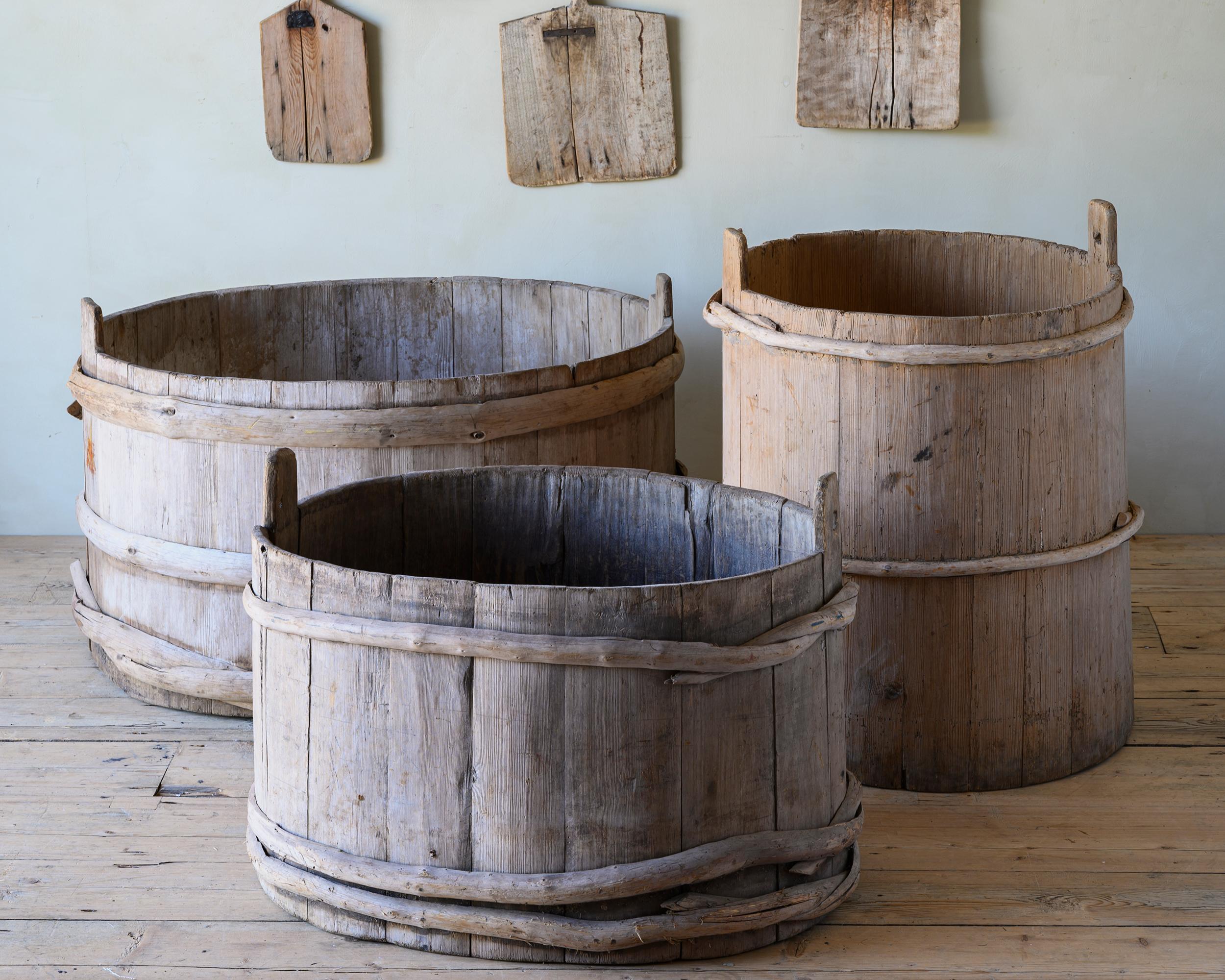 Hand-Crafted Collection of Three 19th Century Swedish Folk Art Wooden Barrels
