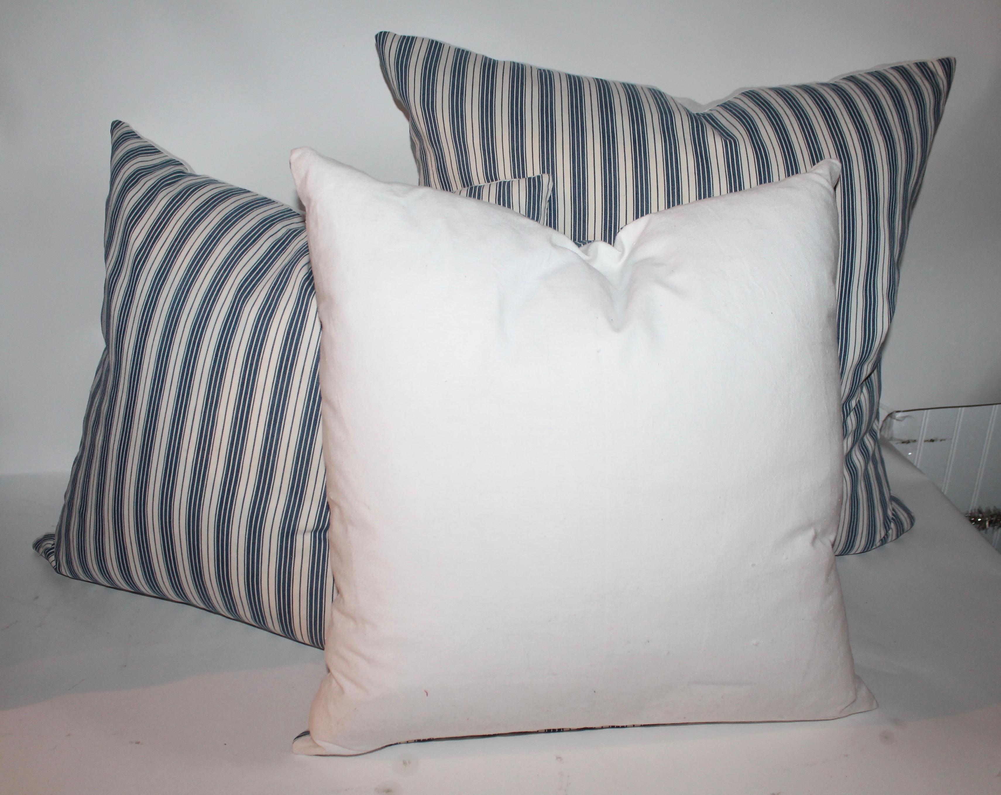 Hand-Crafted Collection of Three 19th Century B & W Ticking Pillows For Sale