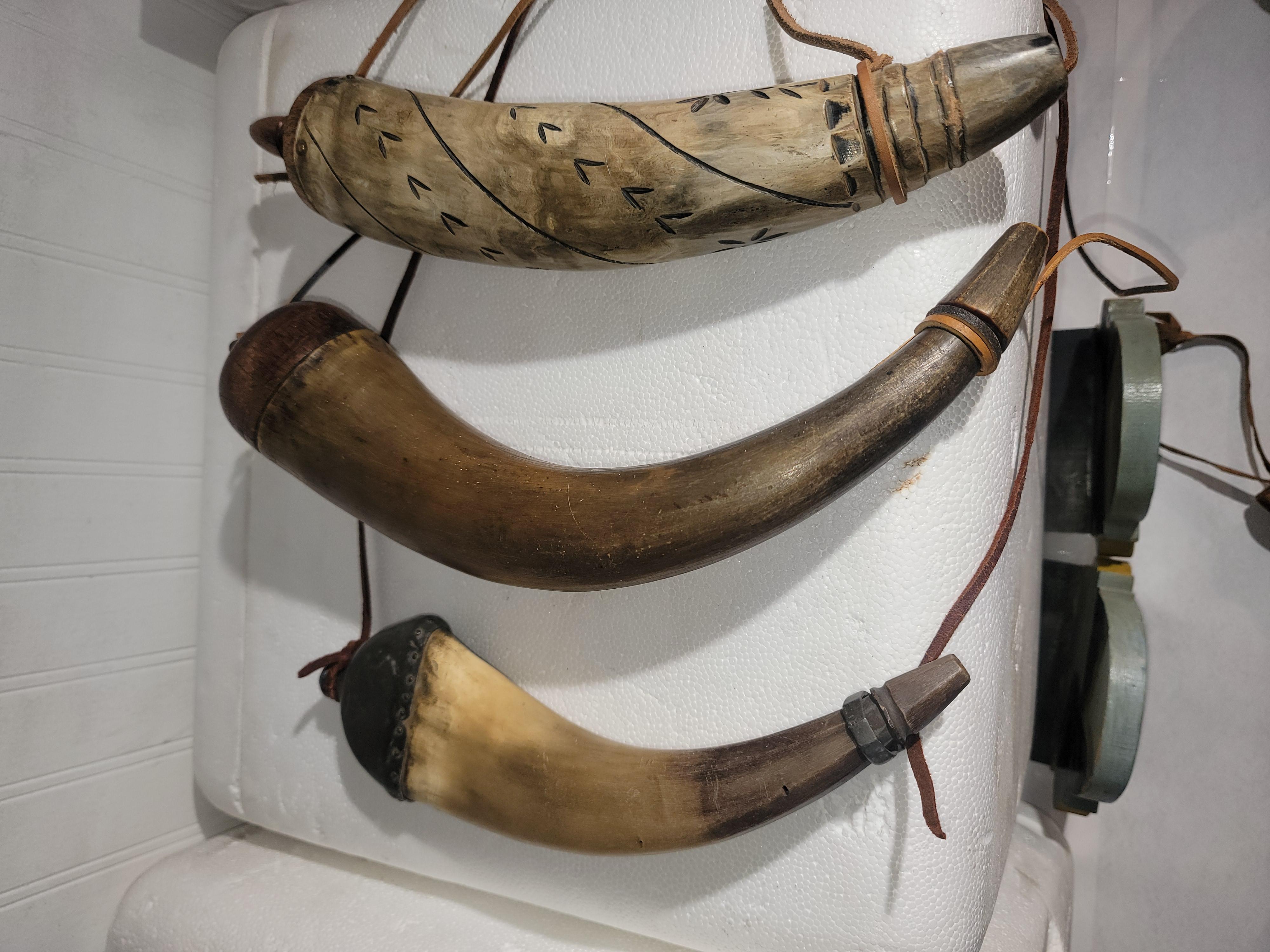 19th Century Collection of Three 19Thc Powder Horns -3 For Sale