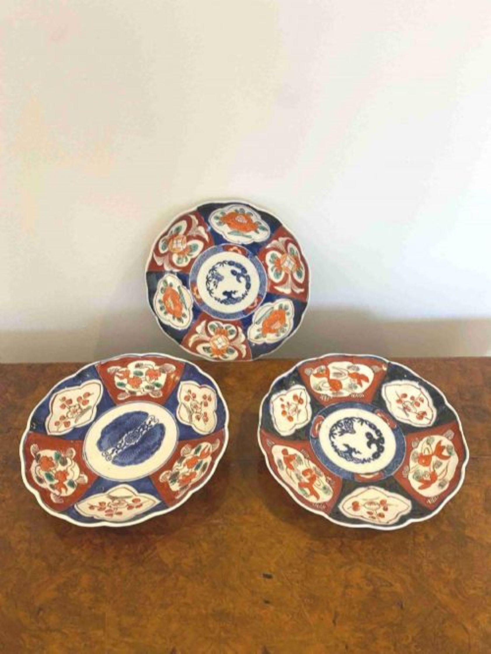 Collection of three antique quality imari plates, having quality hand painted panels with flowers, leaves and trees in wonderful red, blue, green, white and gold colours