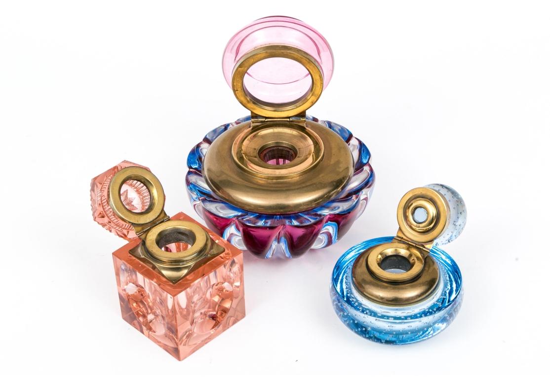 Collection Of Three Colorful Luxury Glass Inkwells For Sale 4