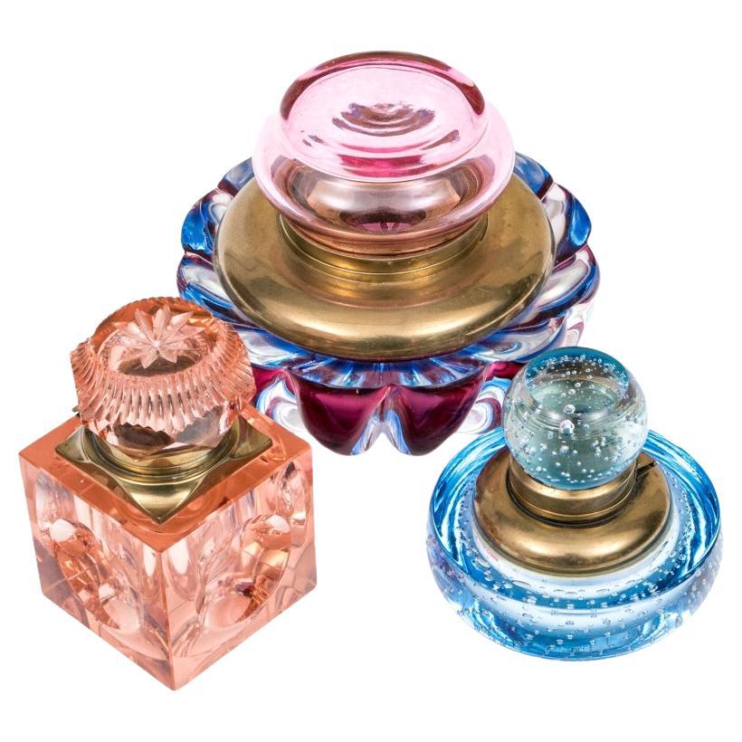 Collection Of Three Colorful Luxury Glass Inkwells For Sale