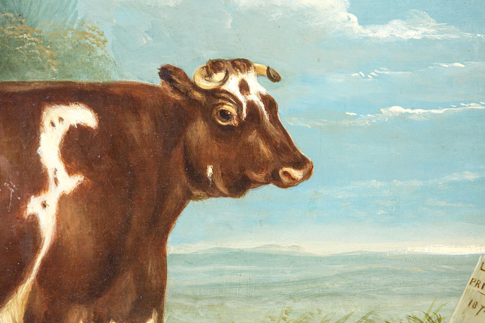 A collection of three oil on canvas prized cattle paintings. A Bull and presumably his offspring 