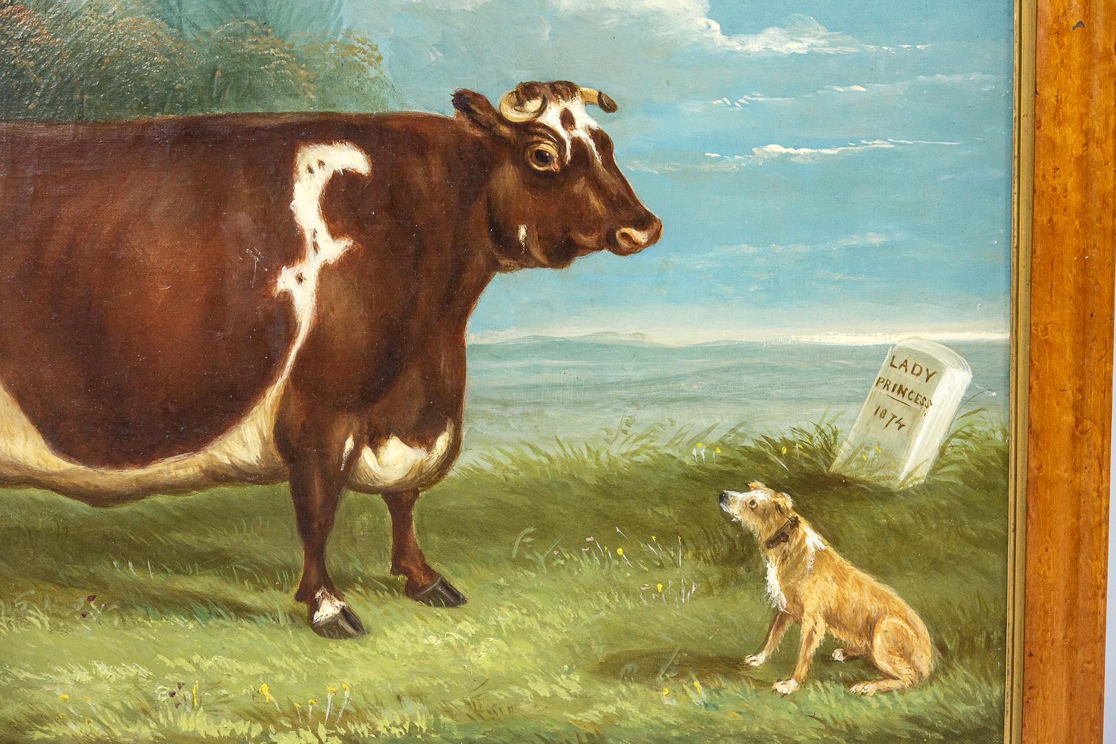 Collection of Three English Naive School Prized Cattle Oil on Canvas Paintings In Fair Condition In Pease pottage, West Sussex
