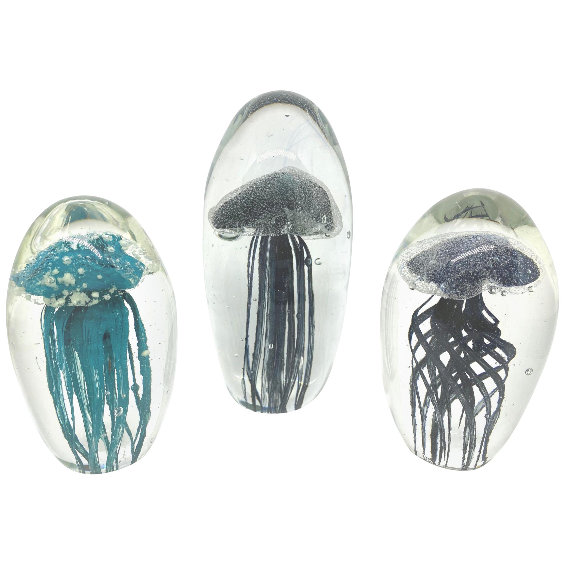 Collection of Three Jelly Fish Murano Italian Art Glass Aquarium Paperweights