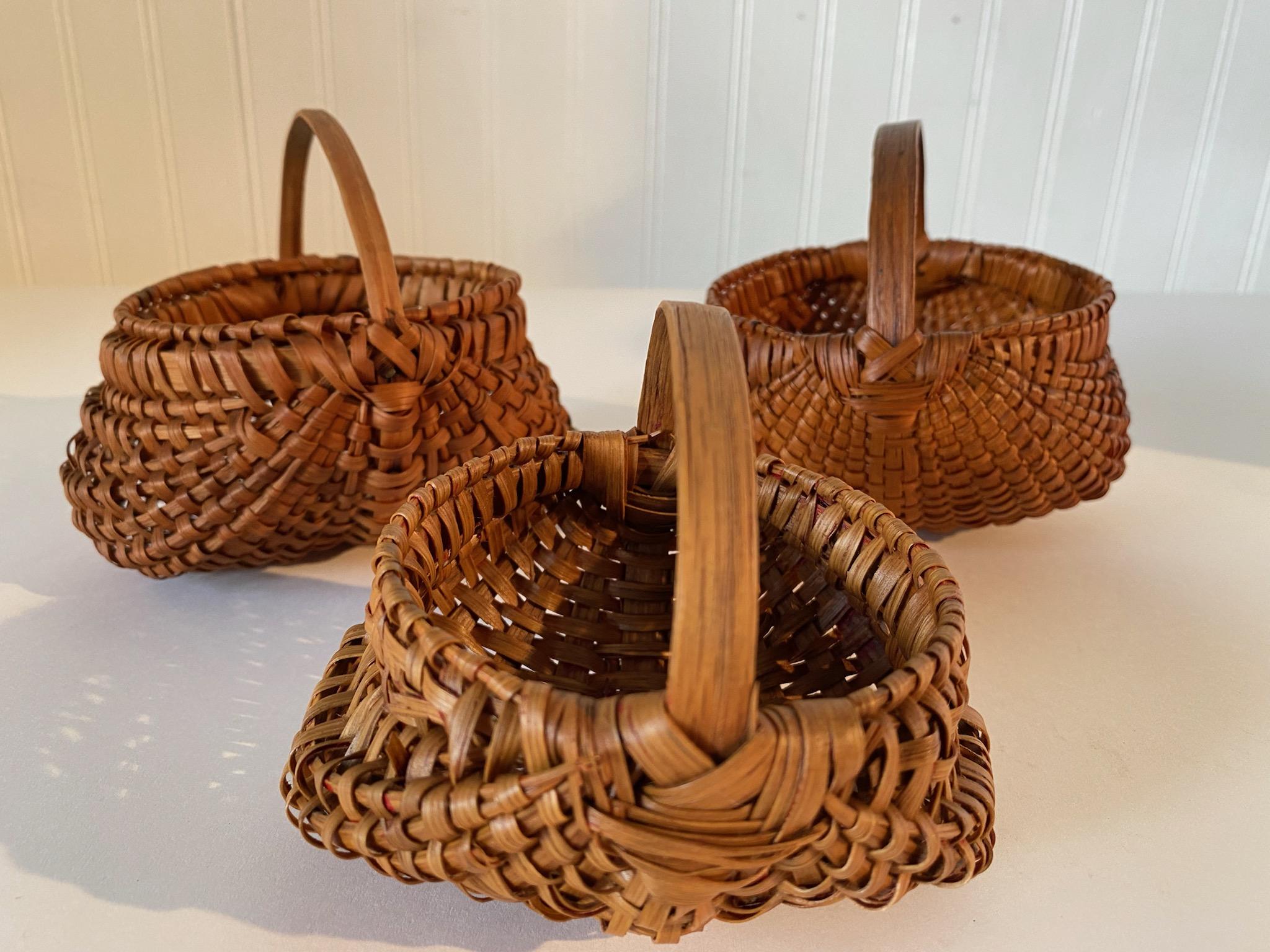 19thc Miniature baskets.
Collection of Three Antique miniature hand Woven Buttocks Baskets. 
All baskets are in pristine condition. 
