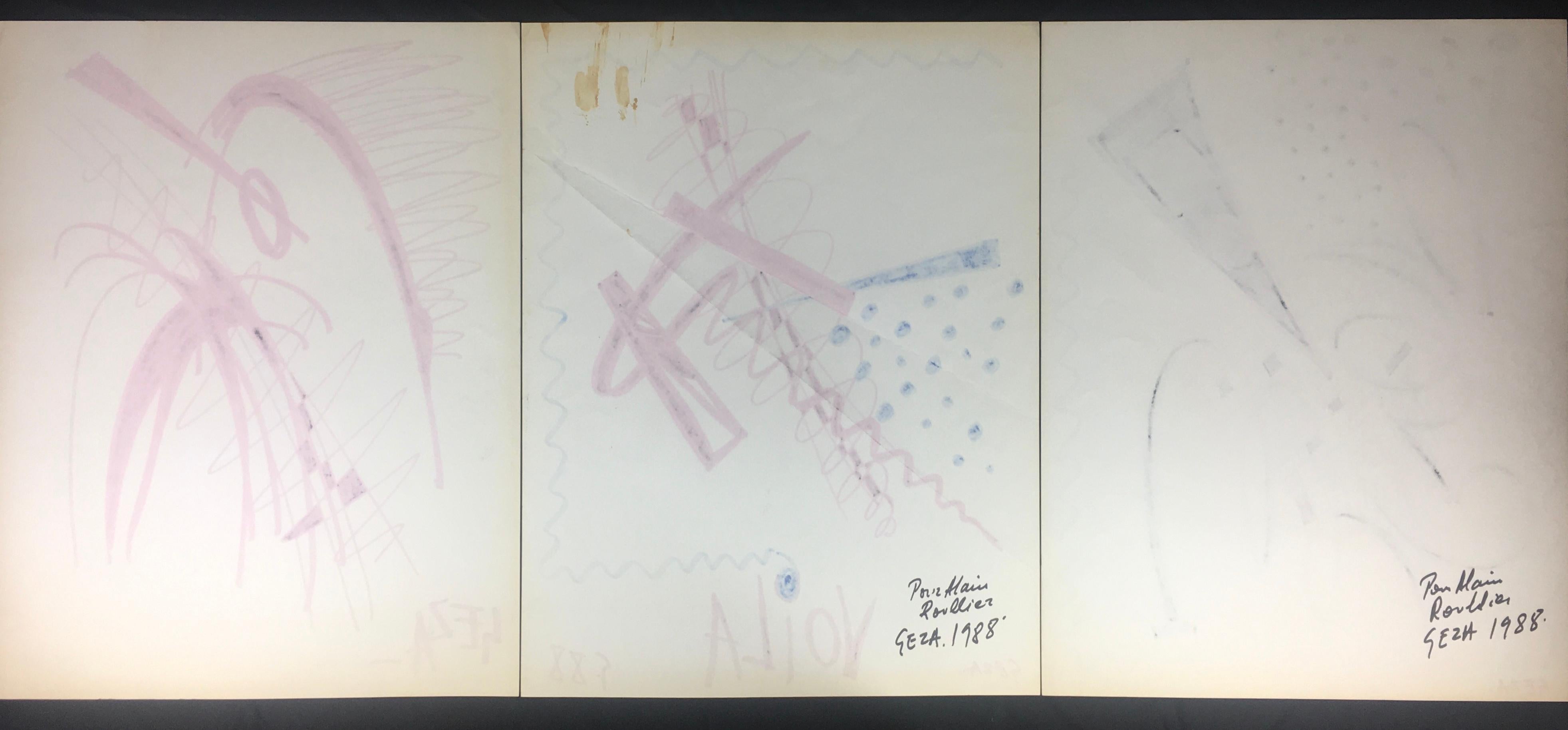 French Collection of Three Modern Abstract Drawings Signed Geza, Manner of Franz Kline For Sale