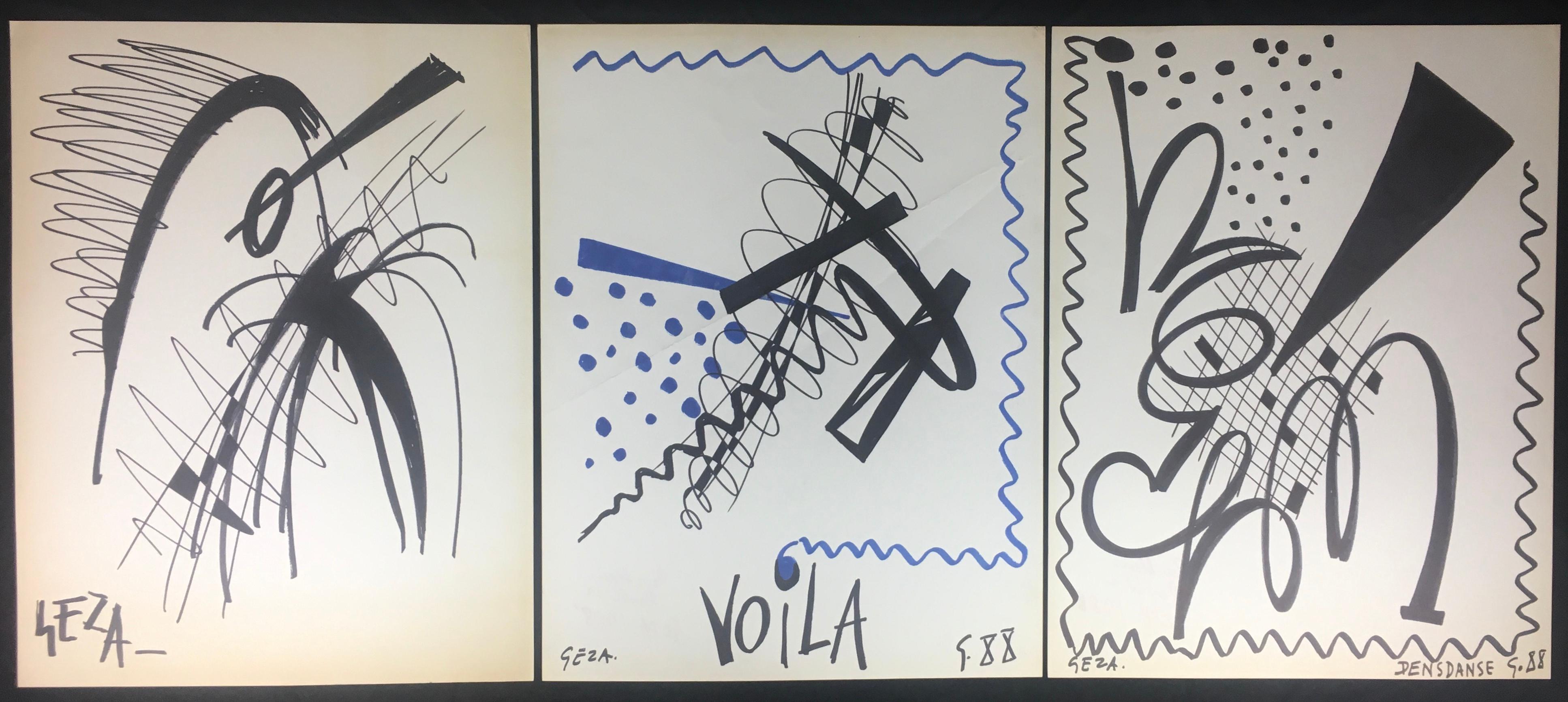 Collection of Three Modern Abstract Drawings Signed Geza, Manner of Franz Kline For Sale 1