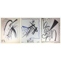 Collezione di tre disegni astratti moderni firmati Geza, alla maniera di Franz Kline