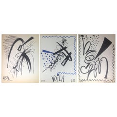 Vintage Collection of Three Modern Abstract Drawings Signed Geza, Manner of Franz Kline