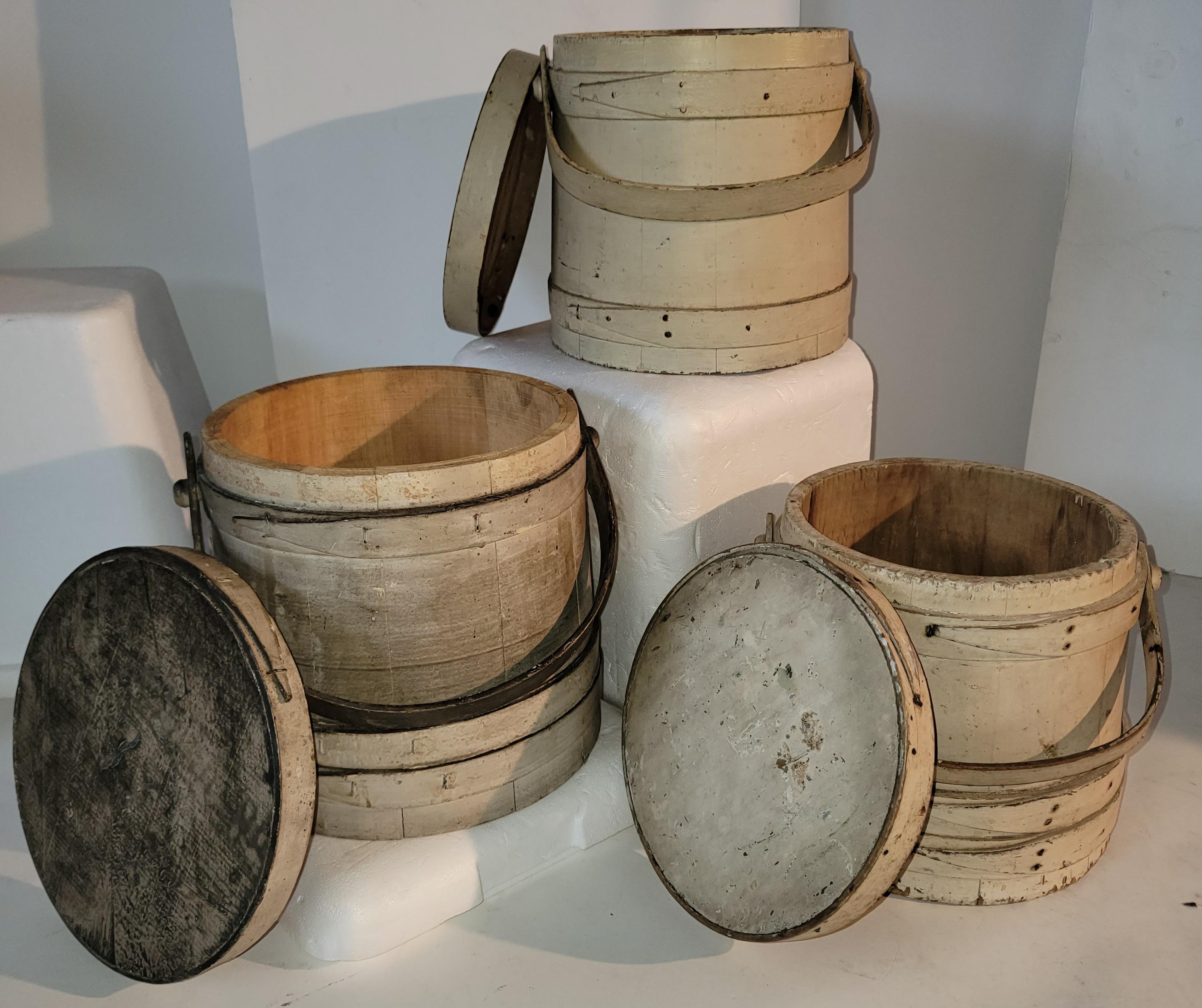 These 19th c early American furkins are all in original paint and early copper nails.

All Furkins are all similar in size -
Measurements are as follows and are approximate -
clam white- 11 diameter x 9.75 high 
off white - 10 diameter x 9.75