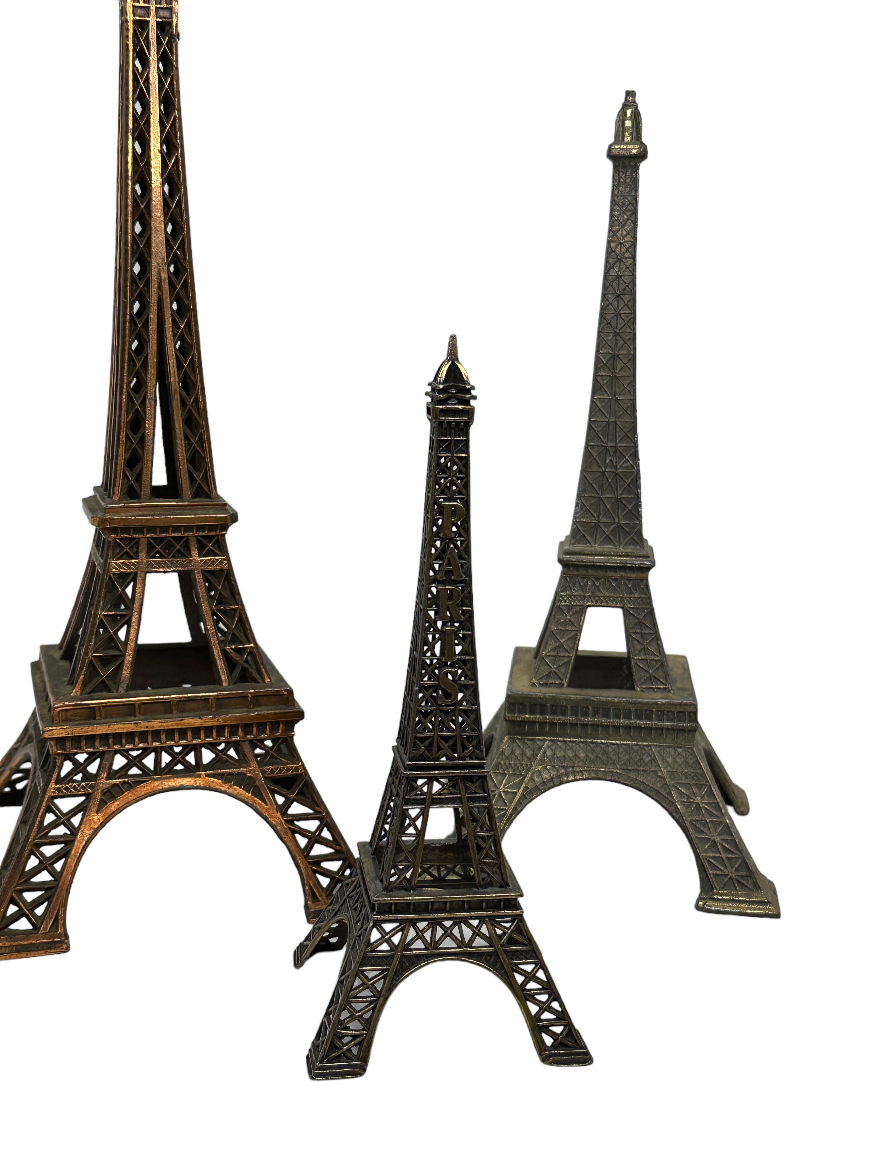 Mid-Century Modern Collection of Three Paris Eiffel Tower French Souvenir Building Metal, 1960s For Sale