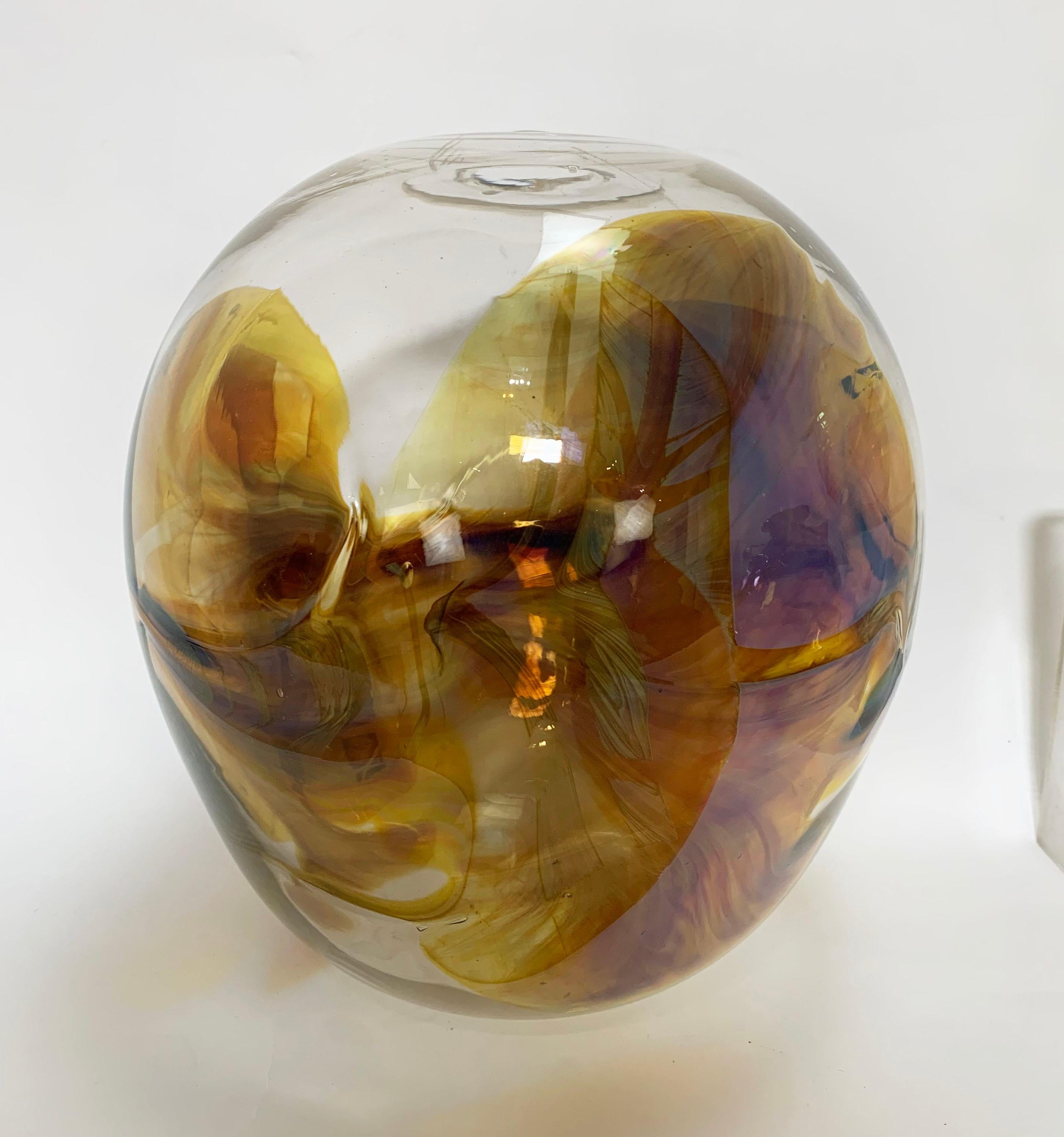Collection of three early hand blown glass sculptural orb vases by noted Vermont glass artist Peter (Paedra) Bramhall, dated 1973, 1979, 1980. Tallest one (on left) 10.25” high, 9.5