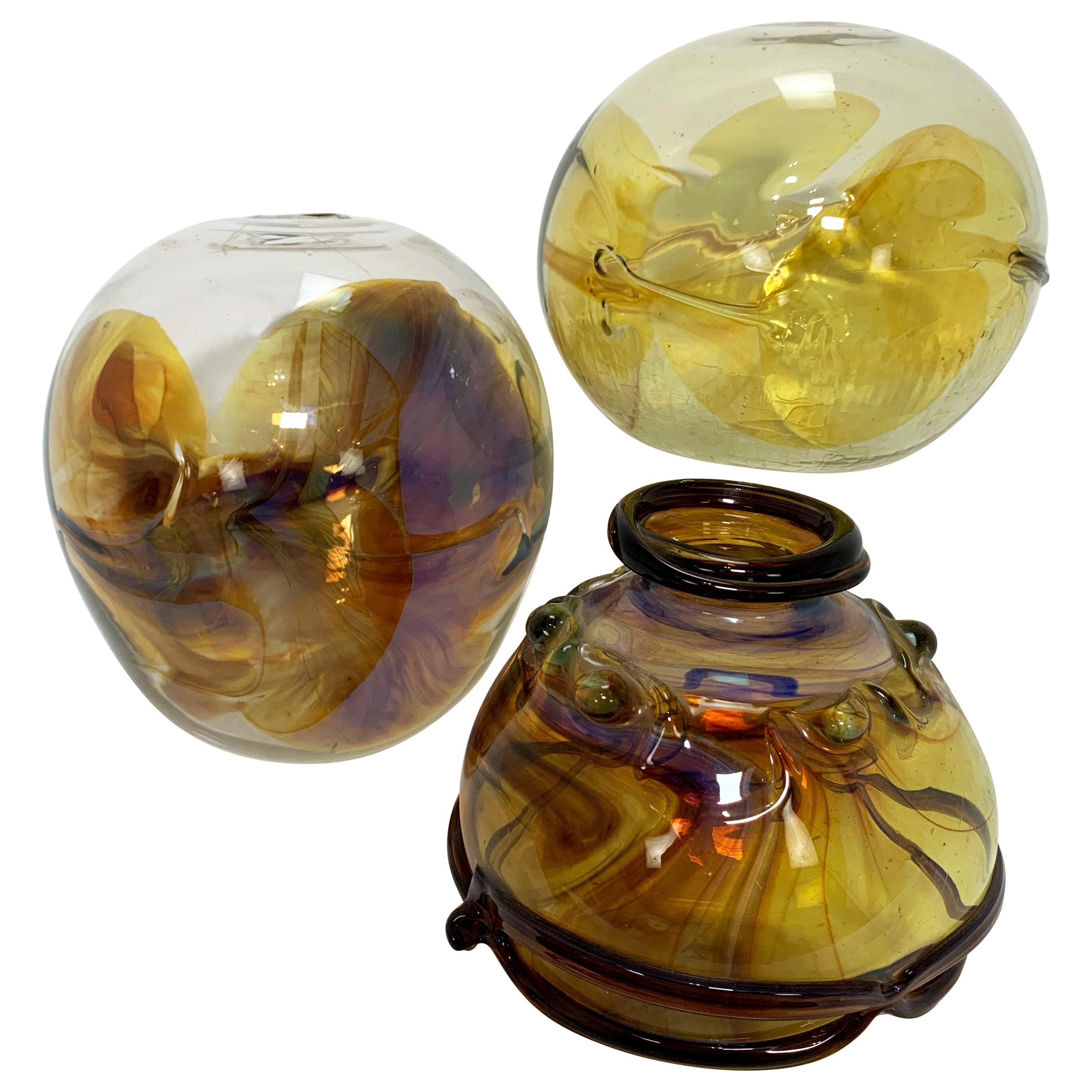 Collection of Three Peter Bramhall Hand Blown Glass Art Sculpture Orb Vases