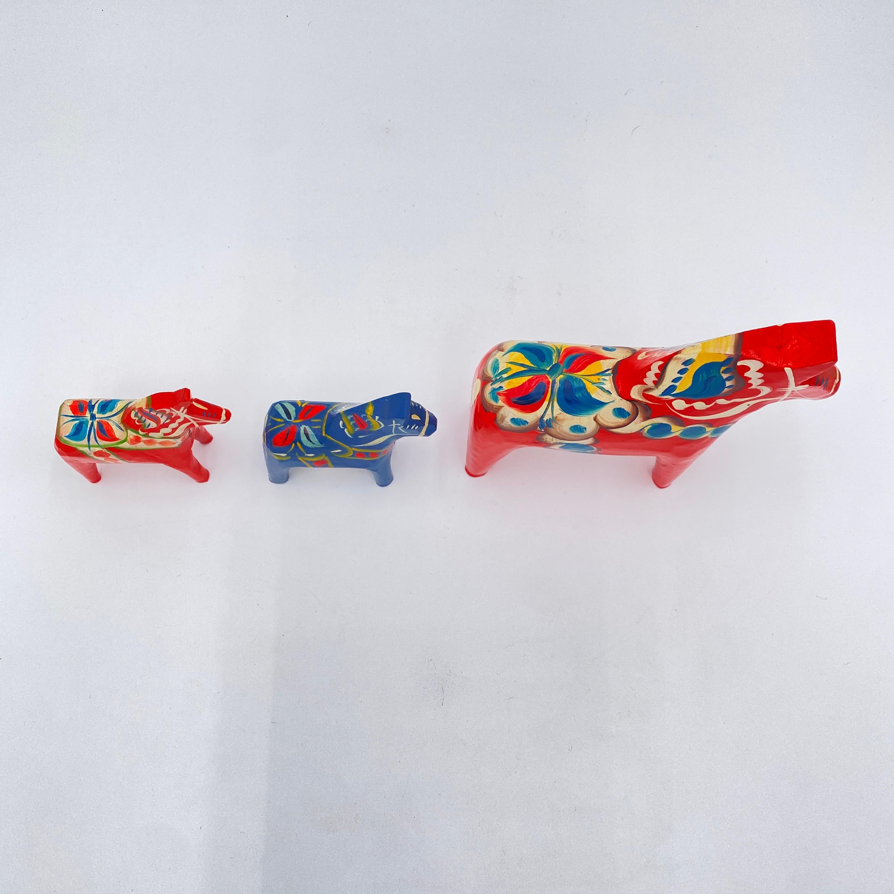 Wood Collection of Three Vintage Swedish Dala Horses by Nils Olsson, Sweden Folk Art For Sale