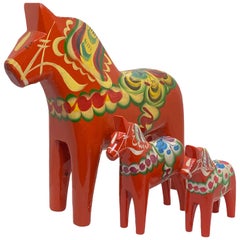 Collection of Three Retro Swedish Dala Horses by Nils Olsson, Sweden Folk Art