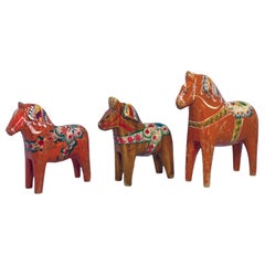 Collection of Three Vintage Swedish Dala Horses, Sweden Folk Art 1930s