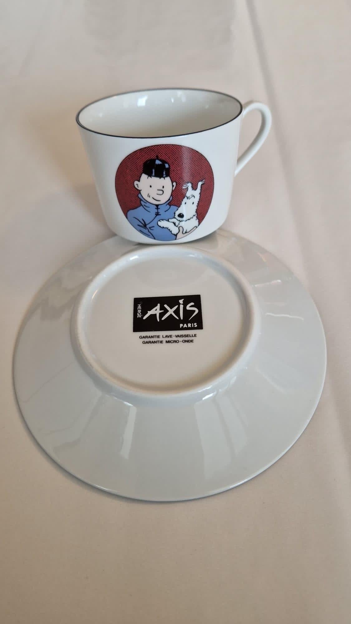 Mid-Century Modern Collection of TinTin Porcelain Dish Coffee and Plate by Hergé ,  AXIS Paris 80s For Sale