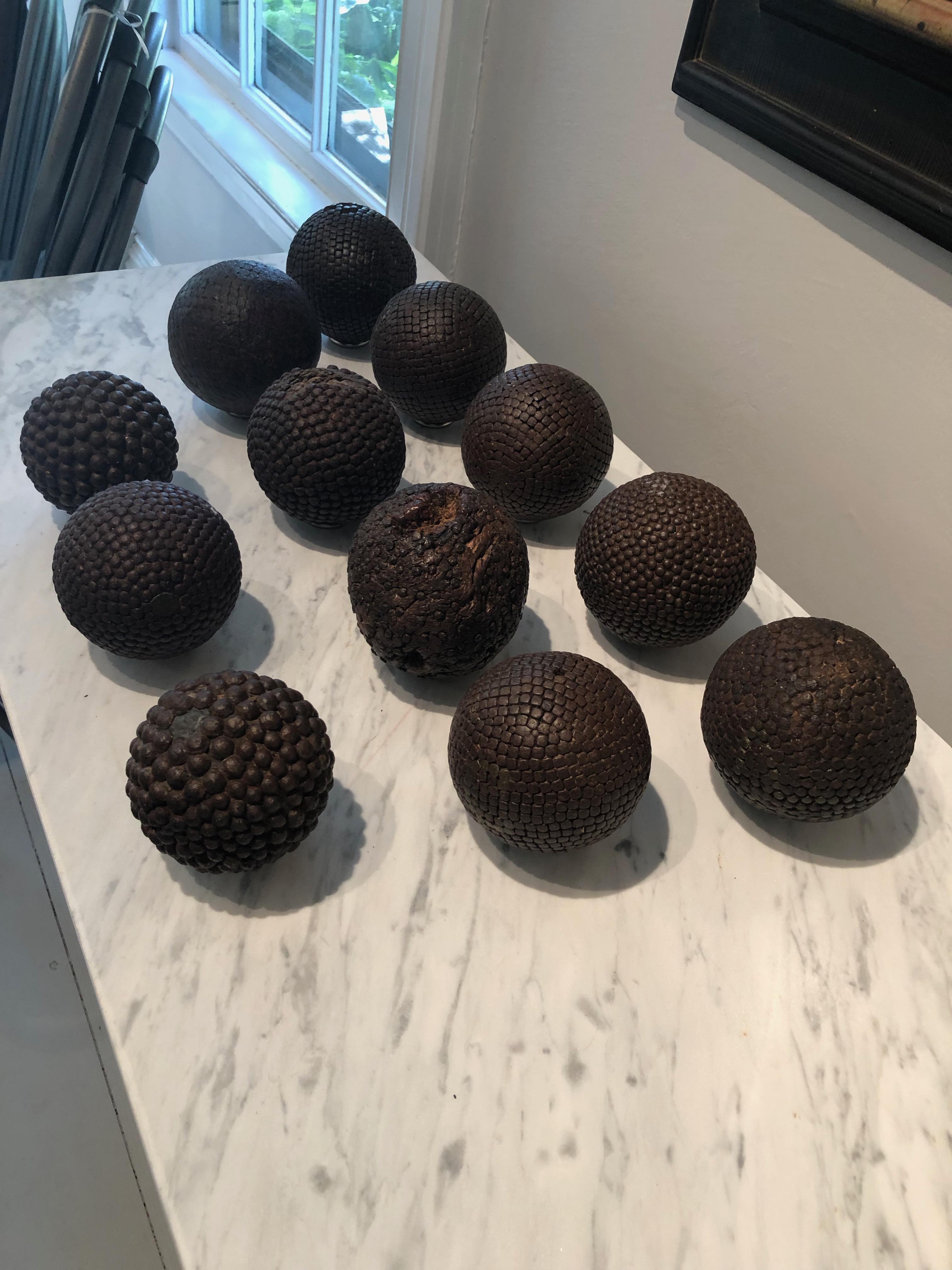 Hand-Carved Collection of Twelve 19th Century French Iron-Studded Pétanque Boules