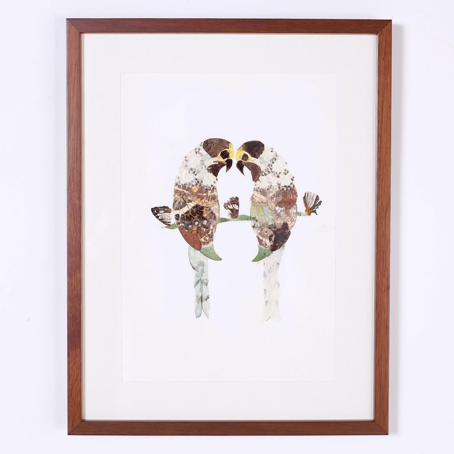 Unusual set of eight bird or parakeet images ambitiously crafted in butterfly wings with a sculptural effect. Presented in wood frames under glass. There are EIGHT images left in this listing.