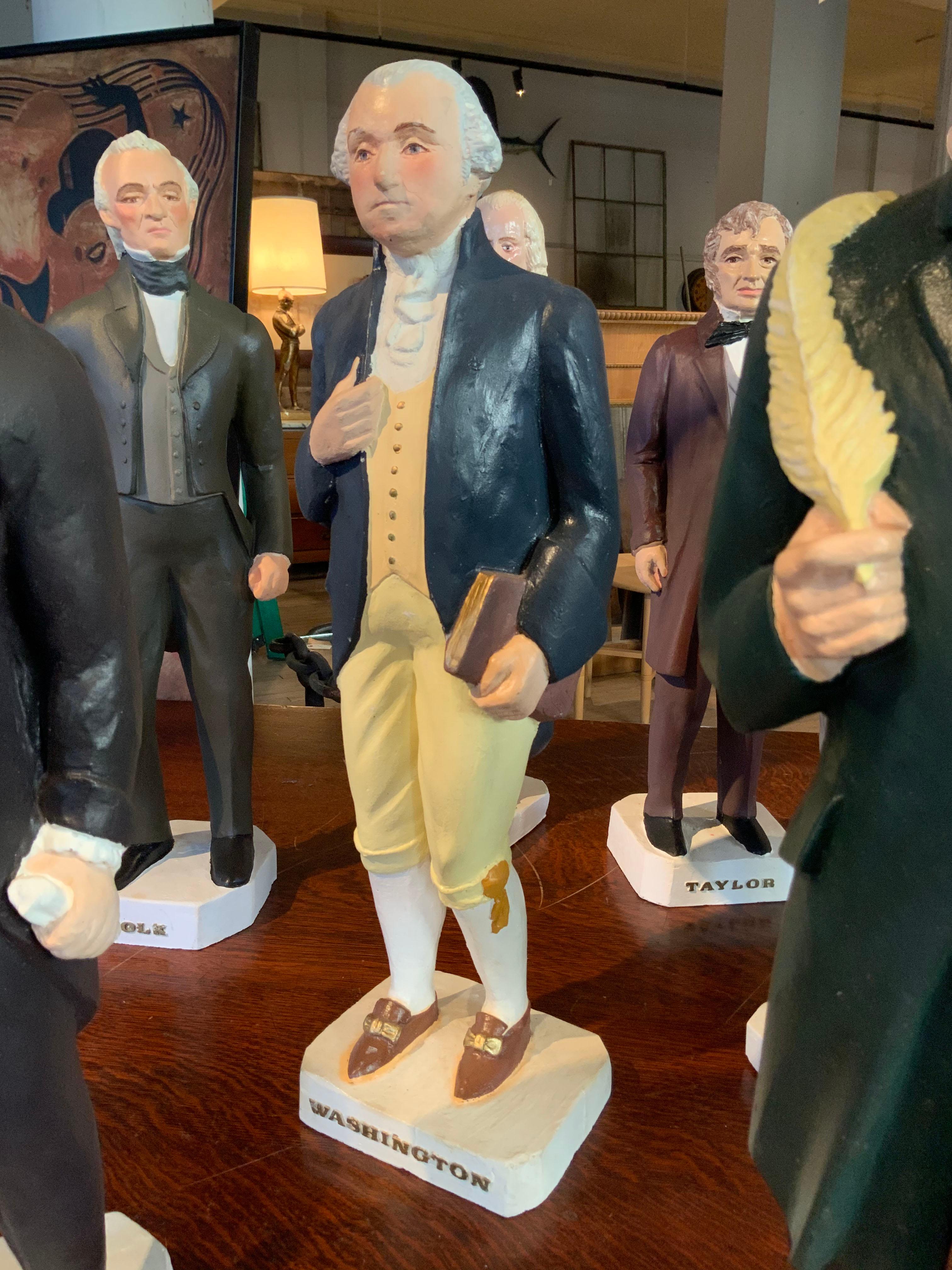 A collection of twelve 2' tall plaster statues of former U.S. presidents. Made by the David Hamberger Display Company in the 1960s. Very charming in form and scale. All are hand painted.