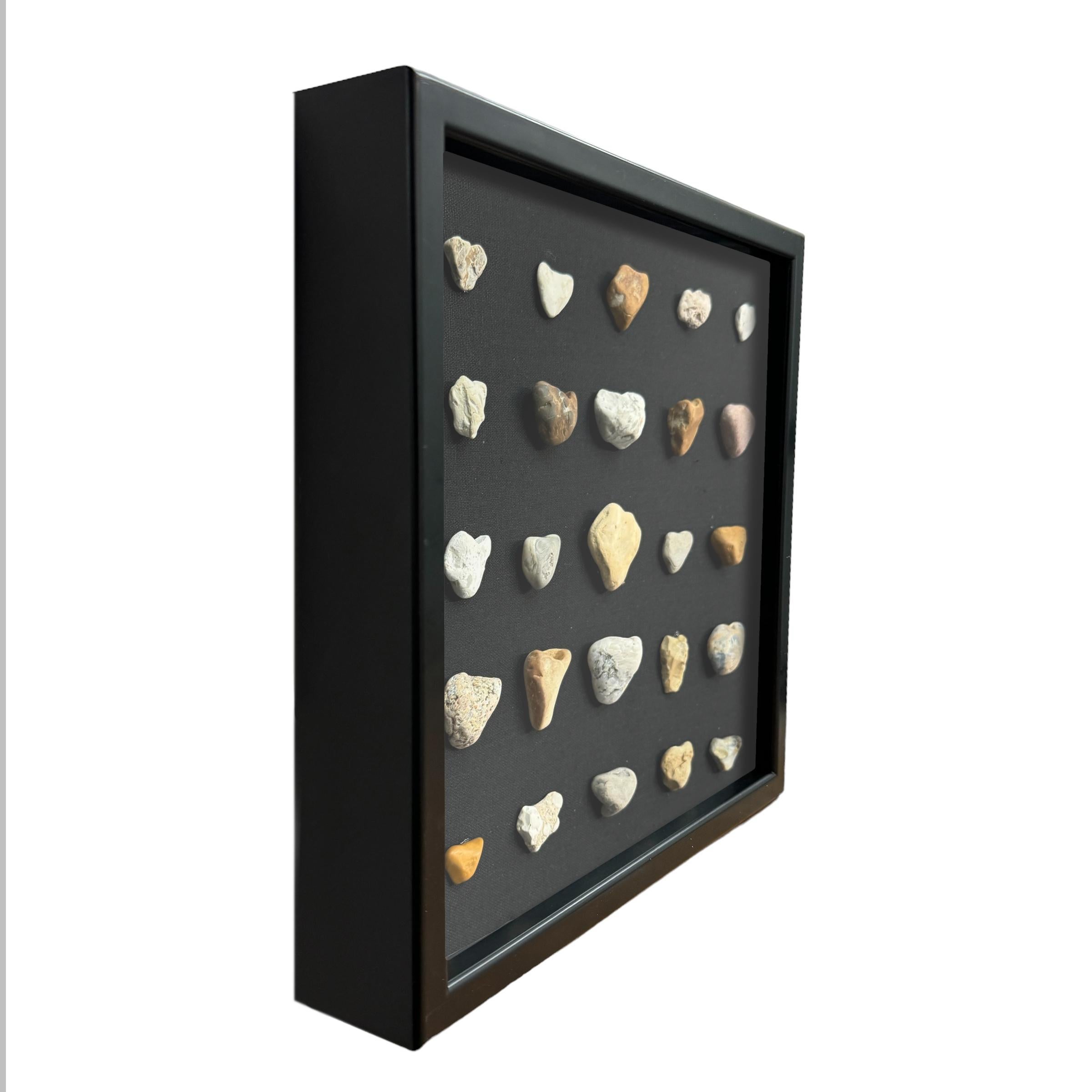 Rustic Collection of Twenty-Five Framed Heart Stones For Sale