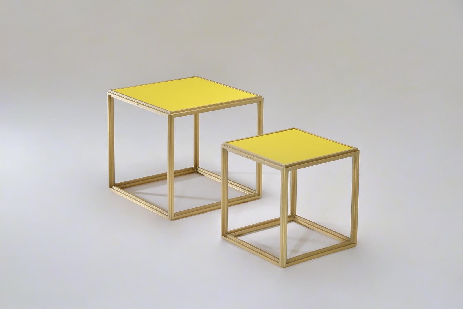 Minimalist Collection of Two Brass Low Tables, Leather Top, One of a Kind by P. Tendercool For Sale