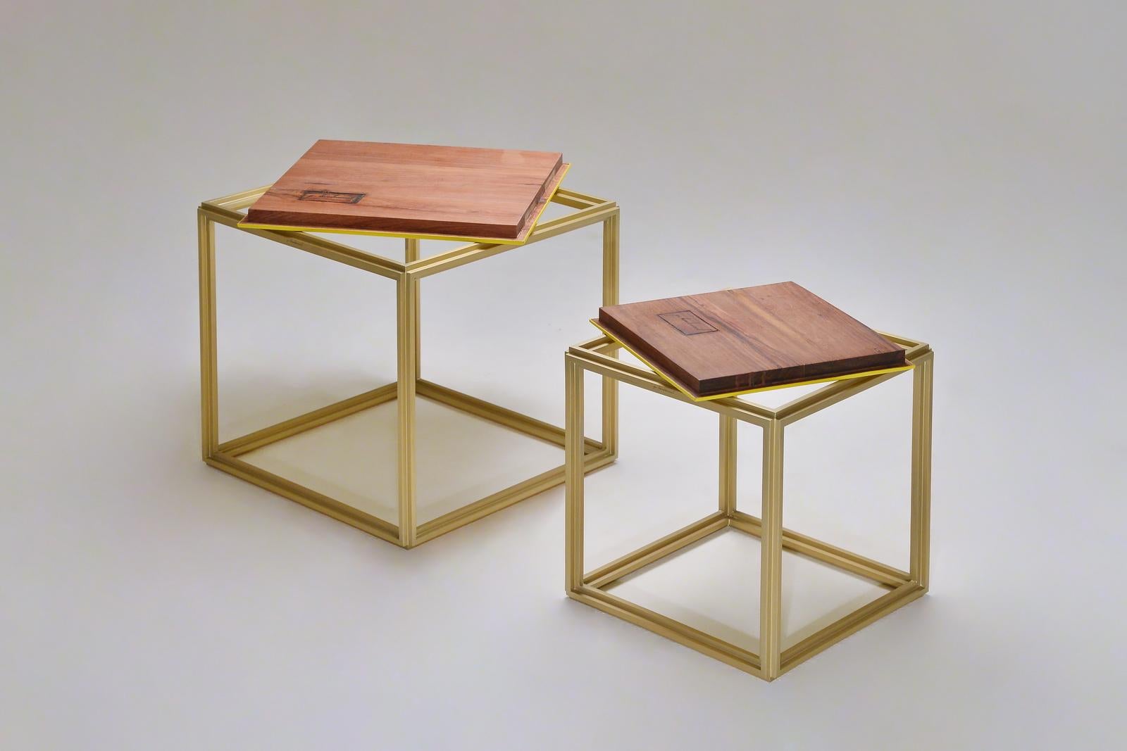 Collection of Two Brass Low Tables, Leather Top, One of a Kind by P. Tendercool For Sale 1