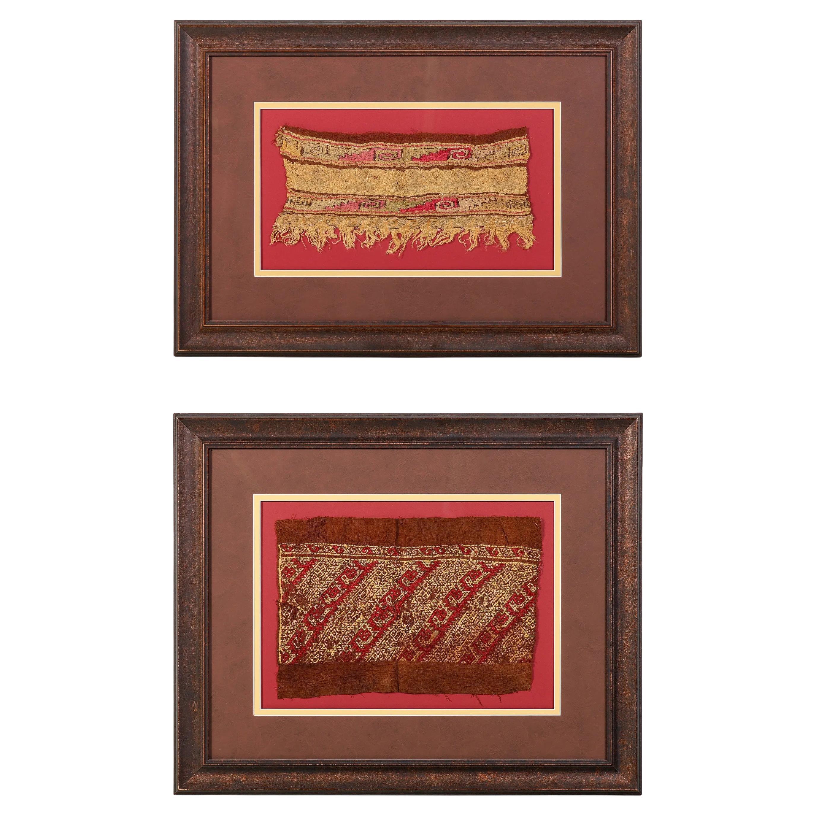 Collection of Two Framed Pre-Columbian Textile Panels Chimu Chancay Culture