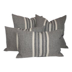 Vintage Collection of Two Pairs of Grey Stripe Woven Pillows