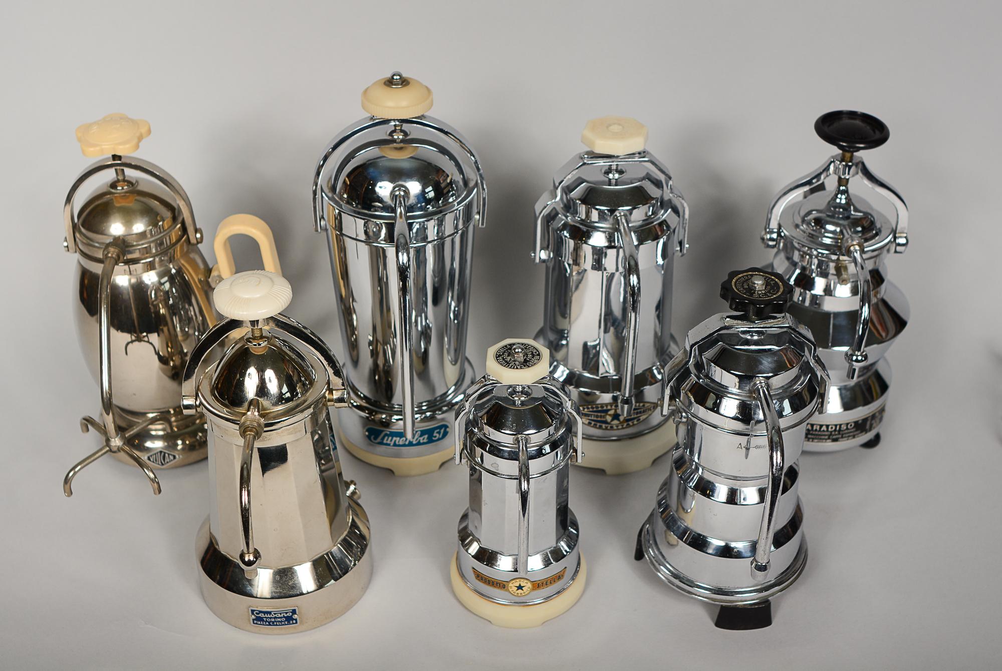 Collection of seven vintage espresso makers. Five of these have a chrome and nickel plate finish. There is a Paradiso, a Causano, two different Prodotto Stellas, a Superba 51, a Caffettiera Stella and a Vulcan. These are sold as decorative items and
