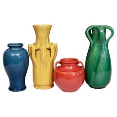 Collection of Vintage Awaji Pottery Vases in Colorful Monochrome Glazes