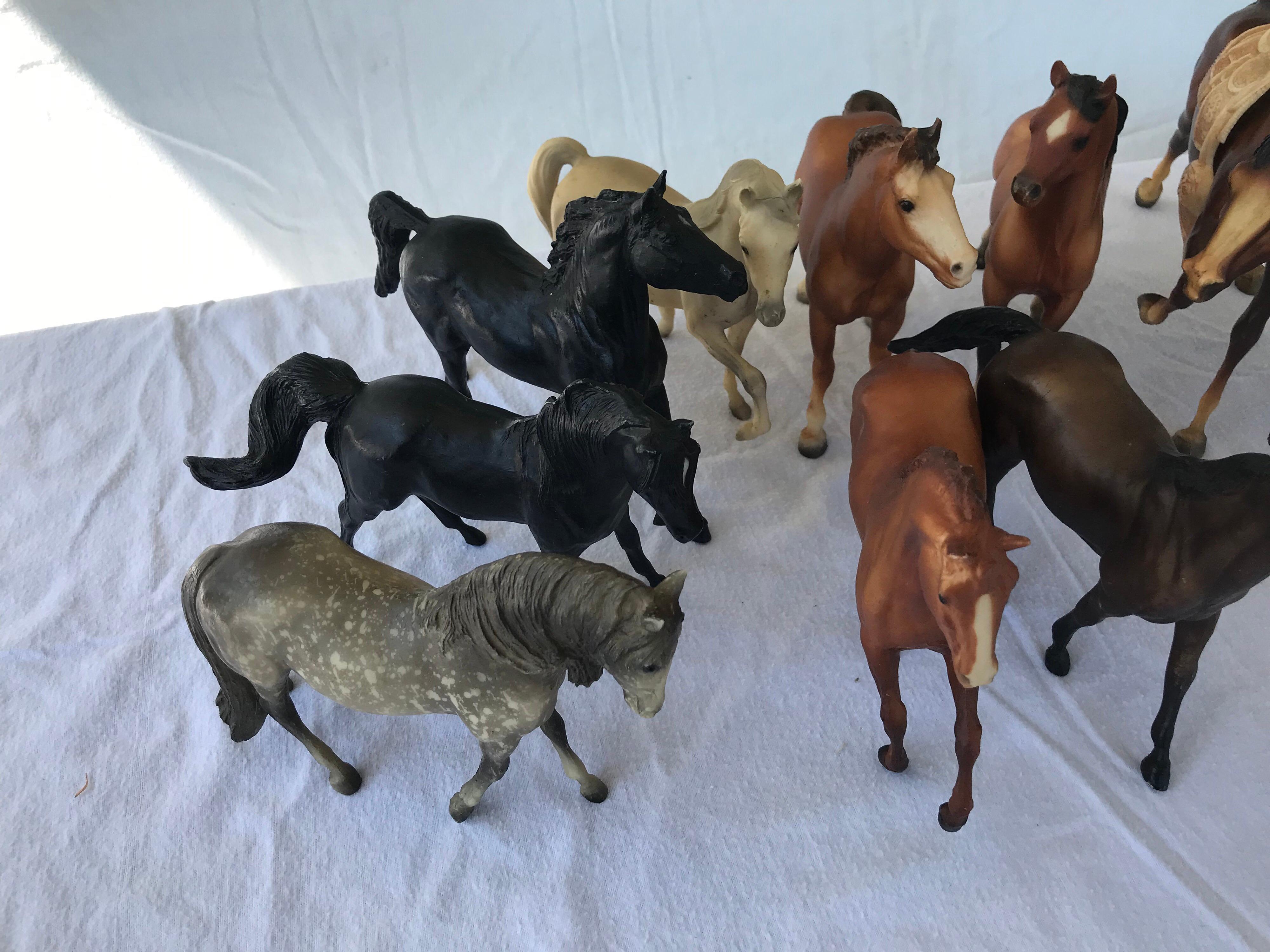Collection of 11 vintage Breyer Horses. Most from the 1970s era. Hard , durable plastic. Perfect for that grandchild who loves horses. We have one other listing of Breyer horses. This is the larger sized collection. Please double check the
