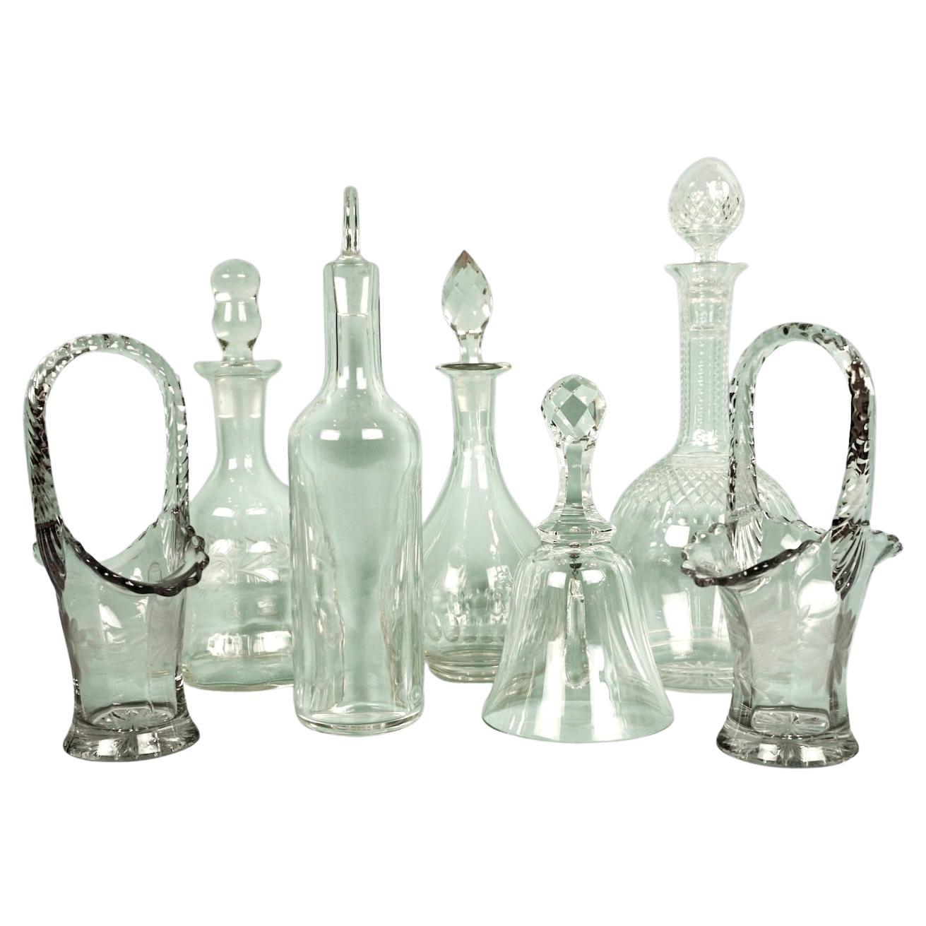 Collection of Vintage Glass Objects, Dinner Bell, Decanters and Candy Dishes