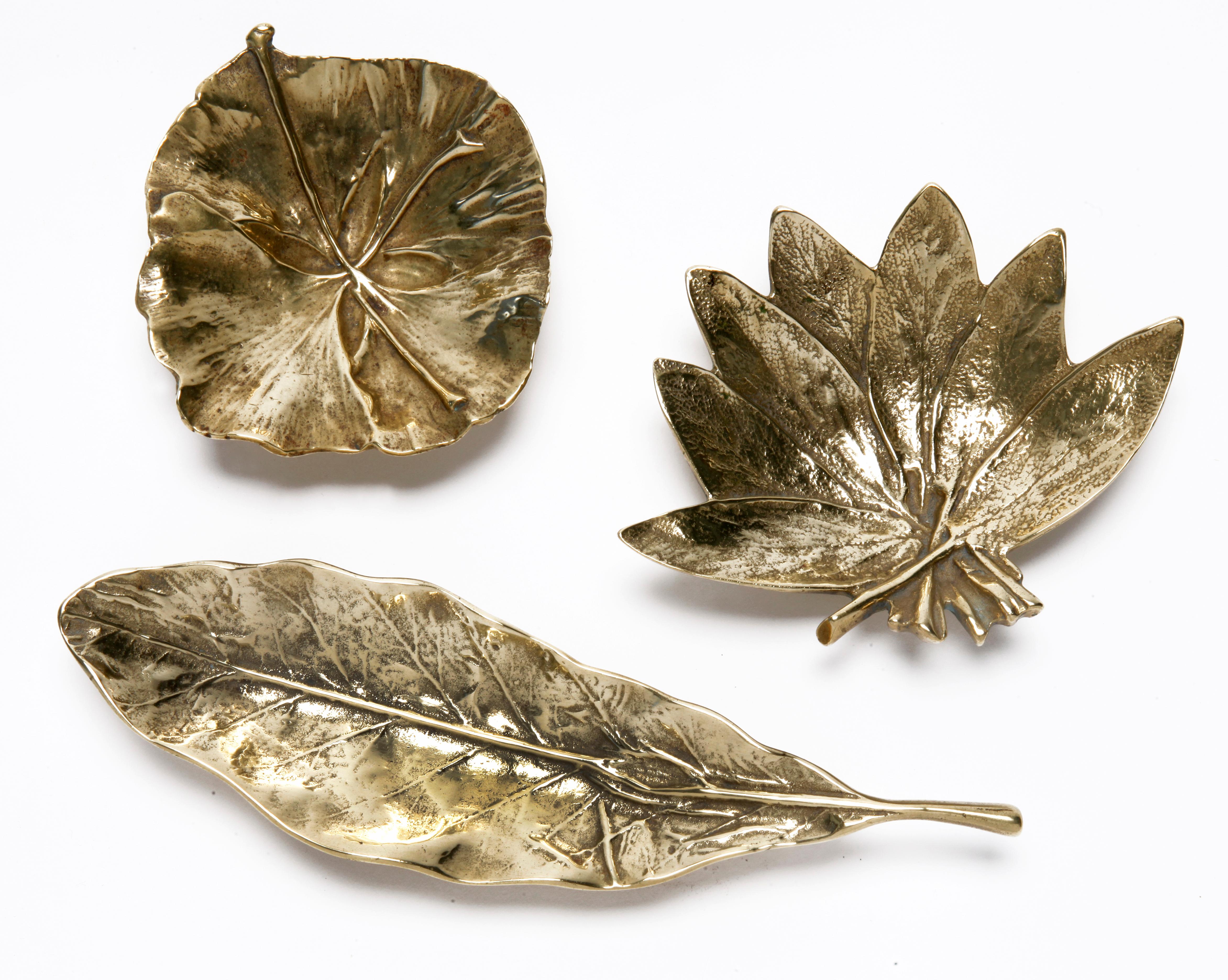 Organic Modern Collection of Virginia Metalcraft Cast Brass Leaf Trays/Set of 3