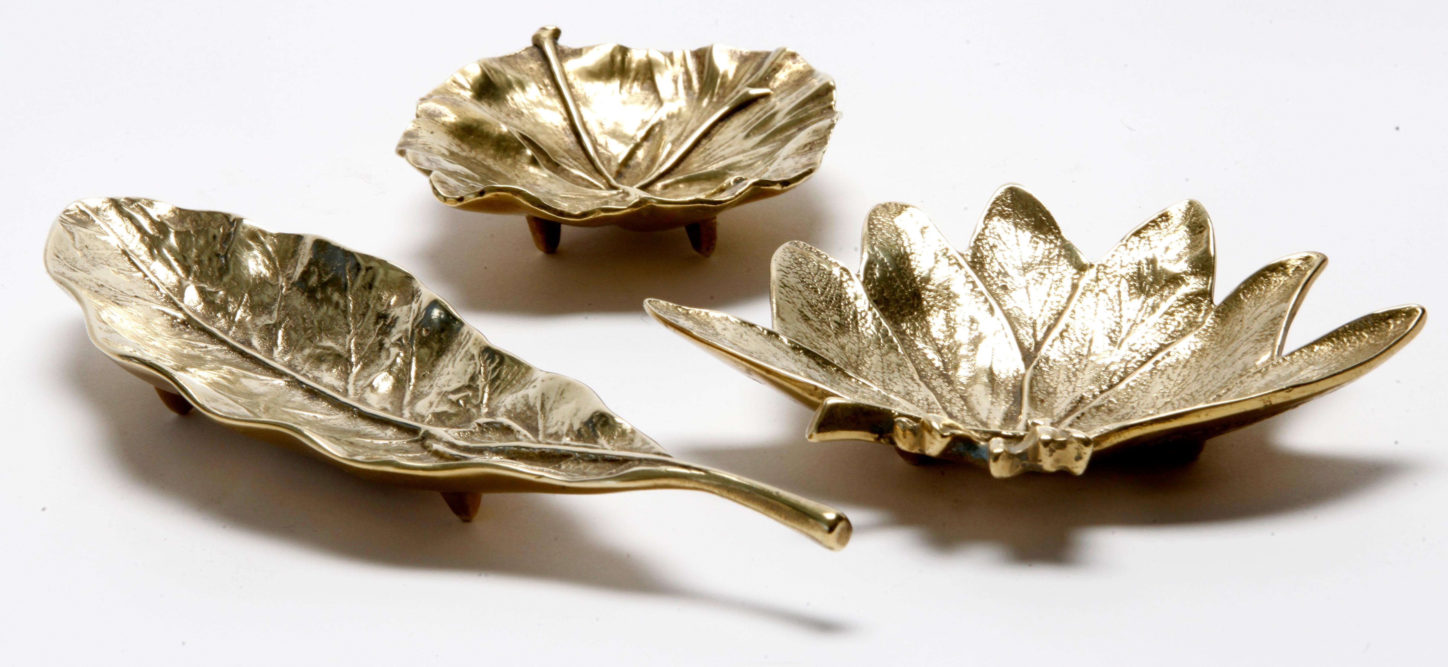 Mid-20th Century Collection of Virginia Metalcraft Cast Brass Leaf Trays/Set of 3