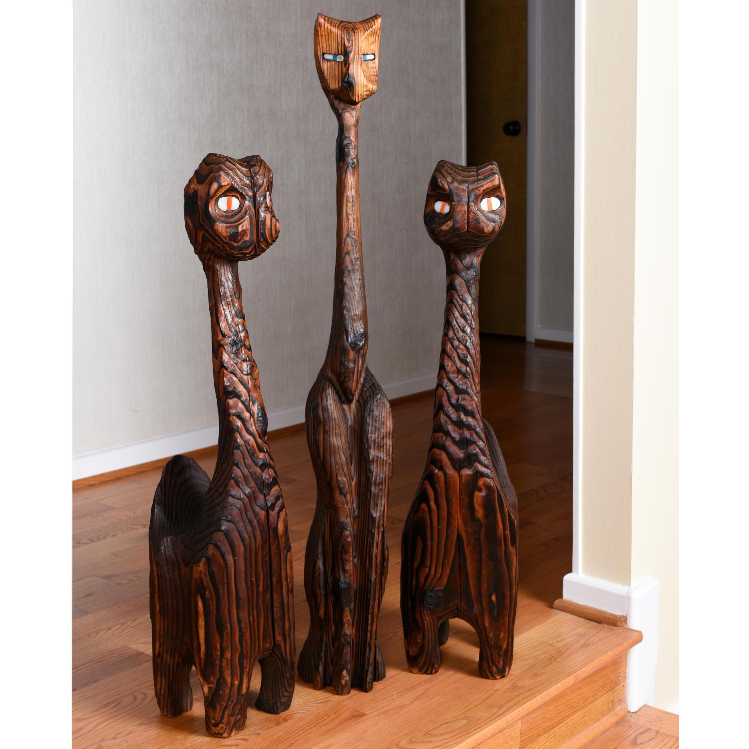 Américain Collection de chats Tiki en bois de cèdre sculpté de Witco, Meathead et ses amis en vente