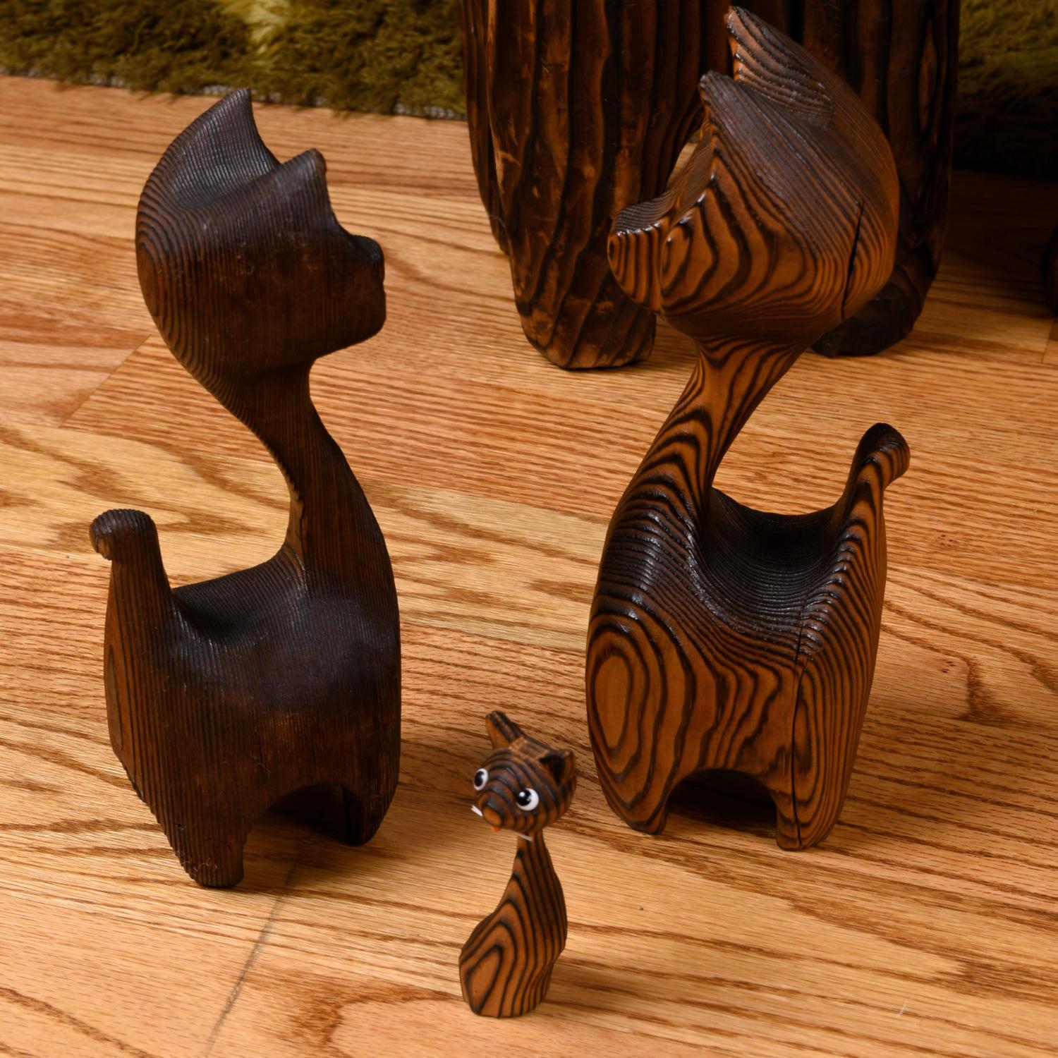 Collection de chats Tiki en bois de cèdre sculpté de Witco, Meathead et ses amis en vente 2
