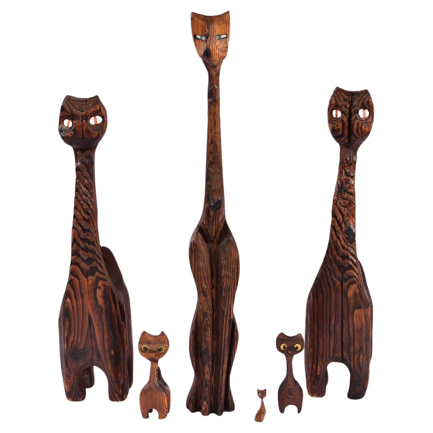 Colección de Gatos Tiki de Madera de Cedro Tallada Witco Meathead y Amigos